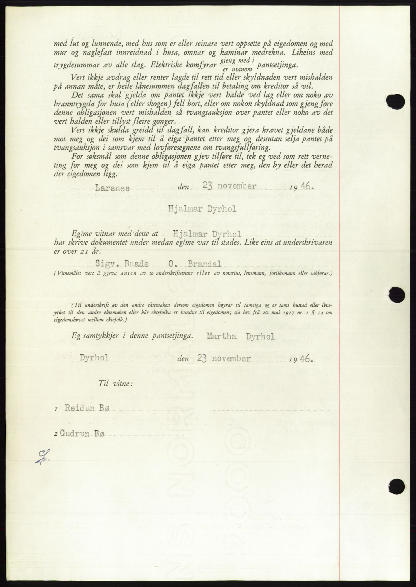 Søre Sunnmøre sorenskriveri, AV/SAT-A-4122/1/2/2C/L0114: Pantebok nr. 1-2B, 1943-1947, Dagboknr: 1605/1946