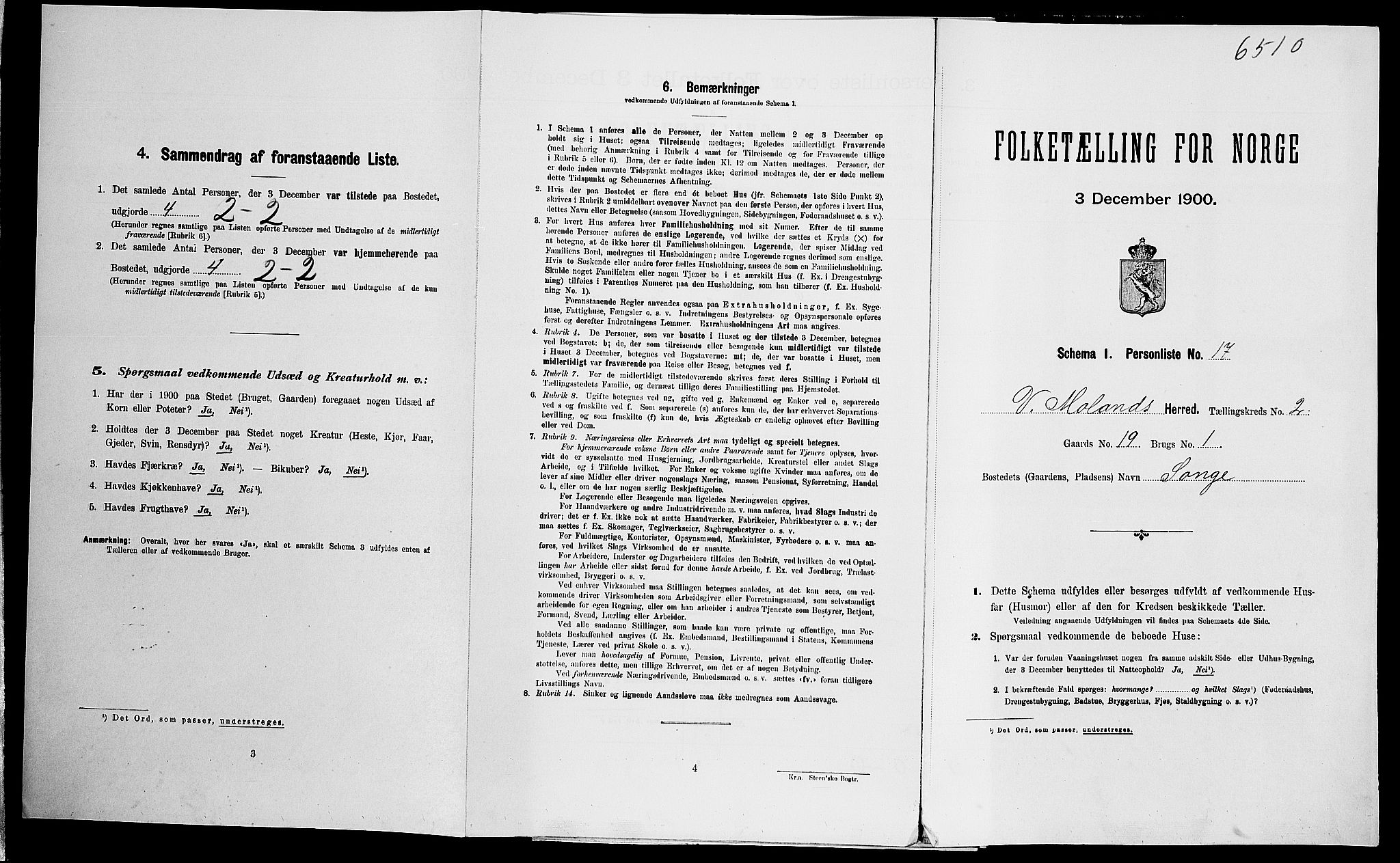 SAK, Folketelling 1900 for 0926 Vestre Moland herred, 1900, s. 269