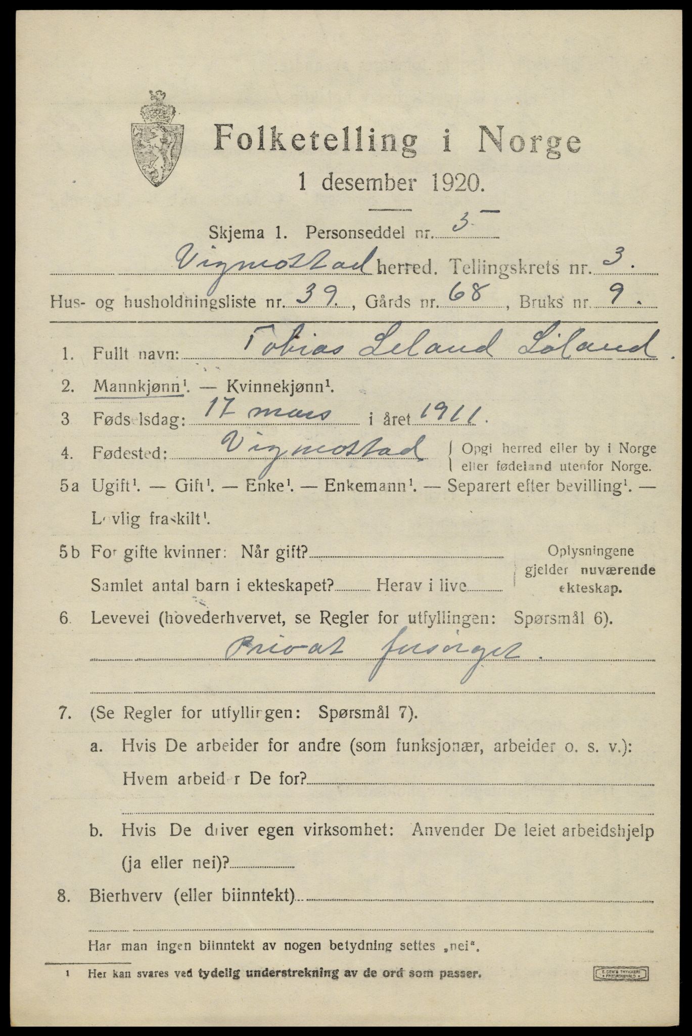 SAK, Folketelling 1920 for 1028 Vigmostad herred, 1920, s. 1143