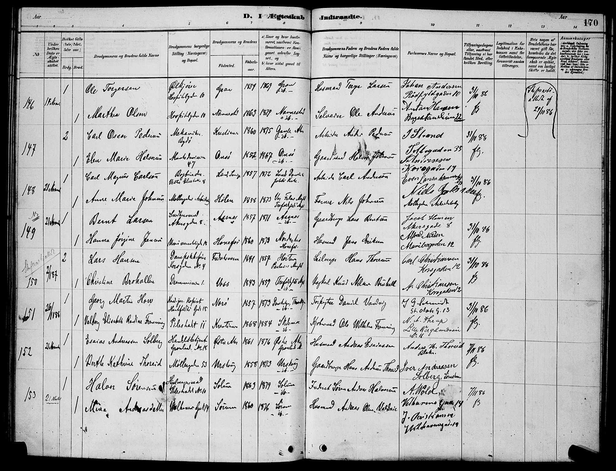 Trefoldighet prestekontor Kirkebøker, AV/SAO-A-10882/H/Ha/L0003: Lysningsprotokoll nr. 3, 1878-1888, s. 170