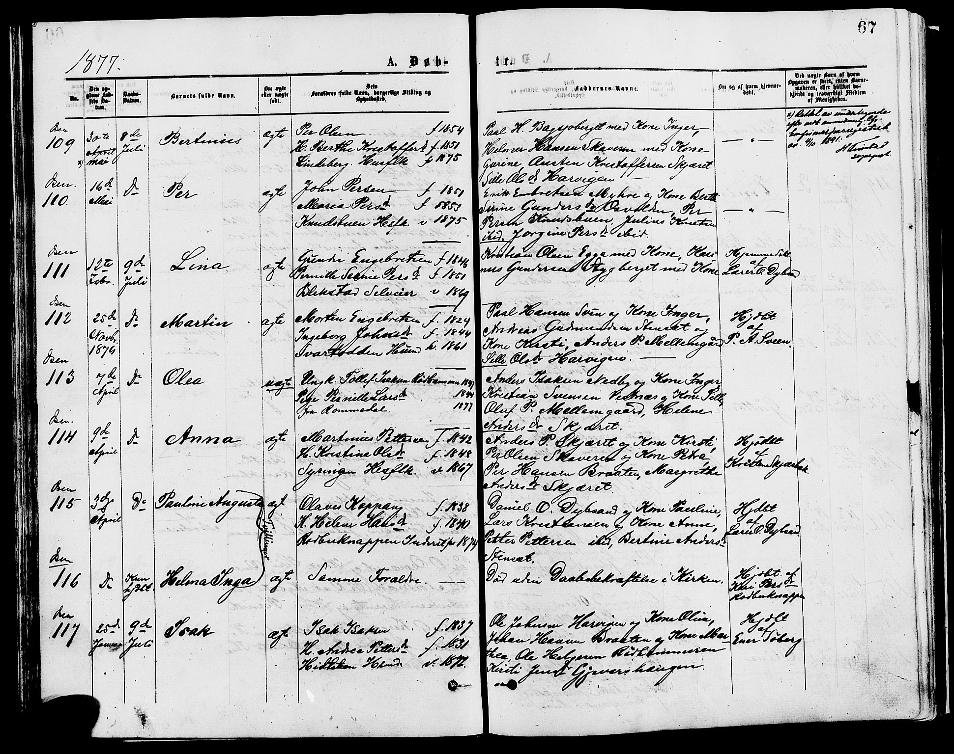 Trysil prestekontor, SAH/PREST-046/H/Ha/Haa/L0007: Ministerialbok nr. 7, 1874-1880, s. 67