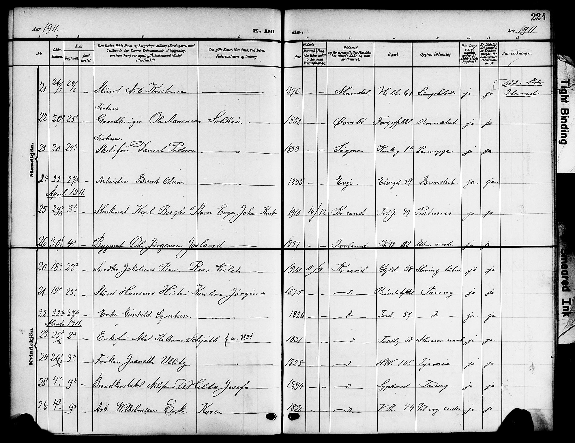 Kristiansand domprosti, AV/SAK-1112-0006/F/Fb/L0020: Klokkerbok nr. B 20, 1906-1915, s. 224