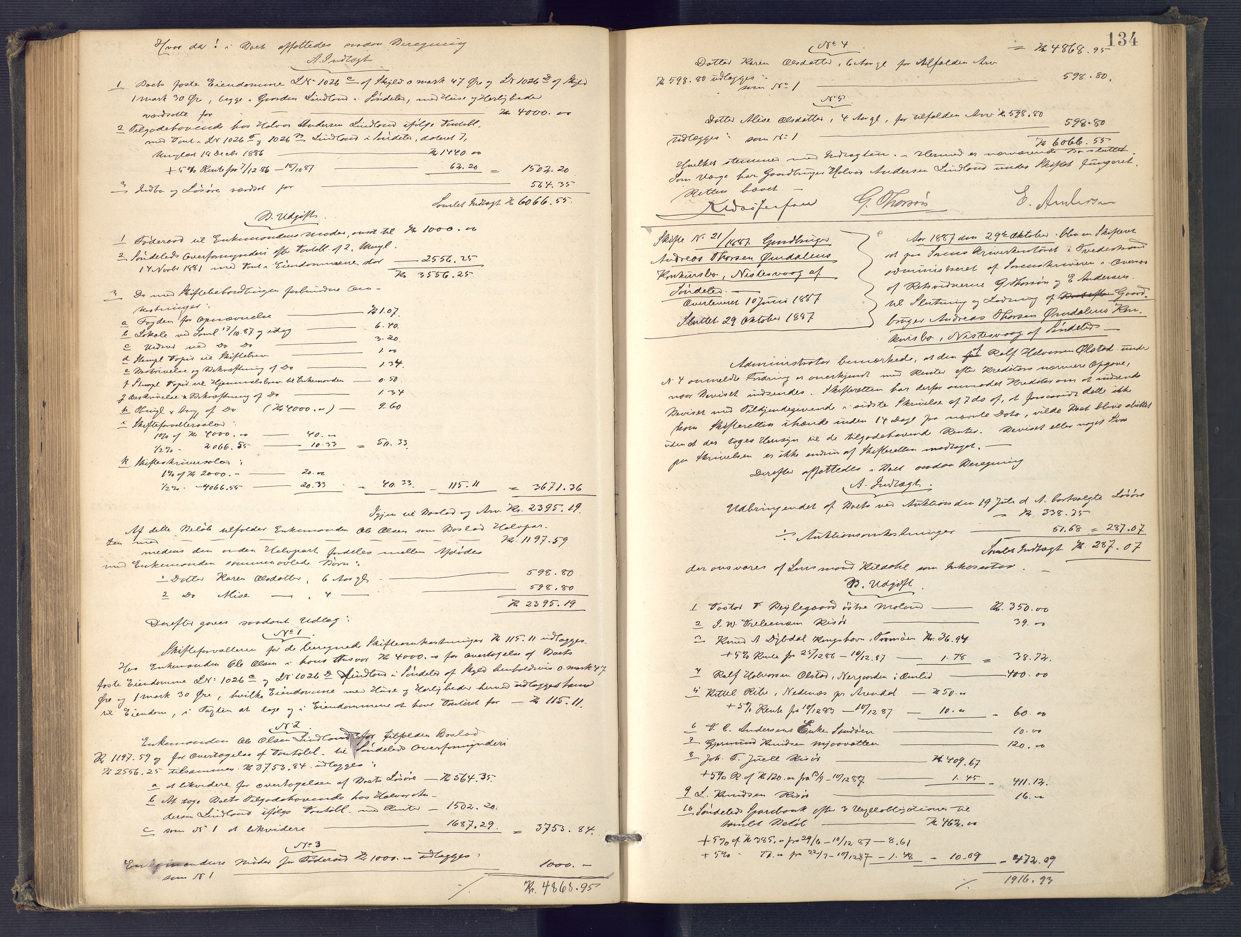 Holt sorenskriveri, AV/SAK-1221-0002/H/Hc/L0034: Skifteutlodningsprotokoll nr. 9, 1884-1890, s. 133b-134a