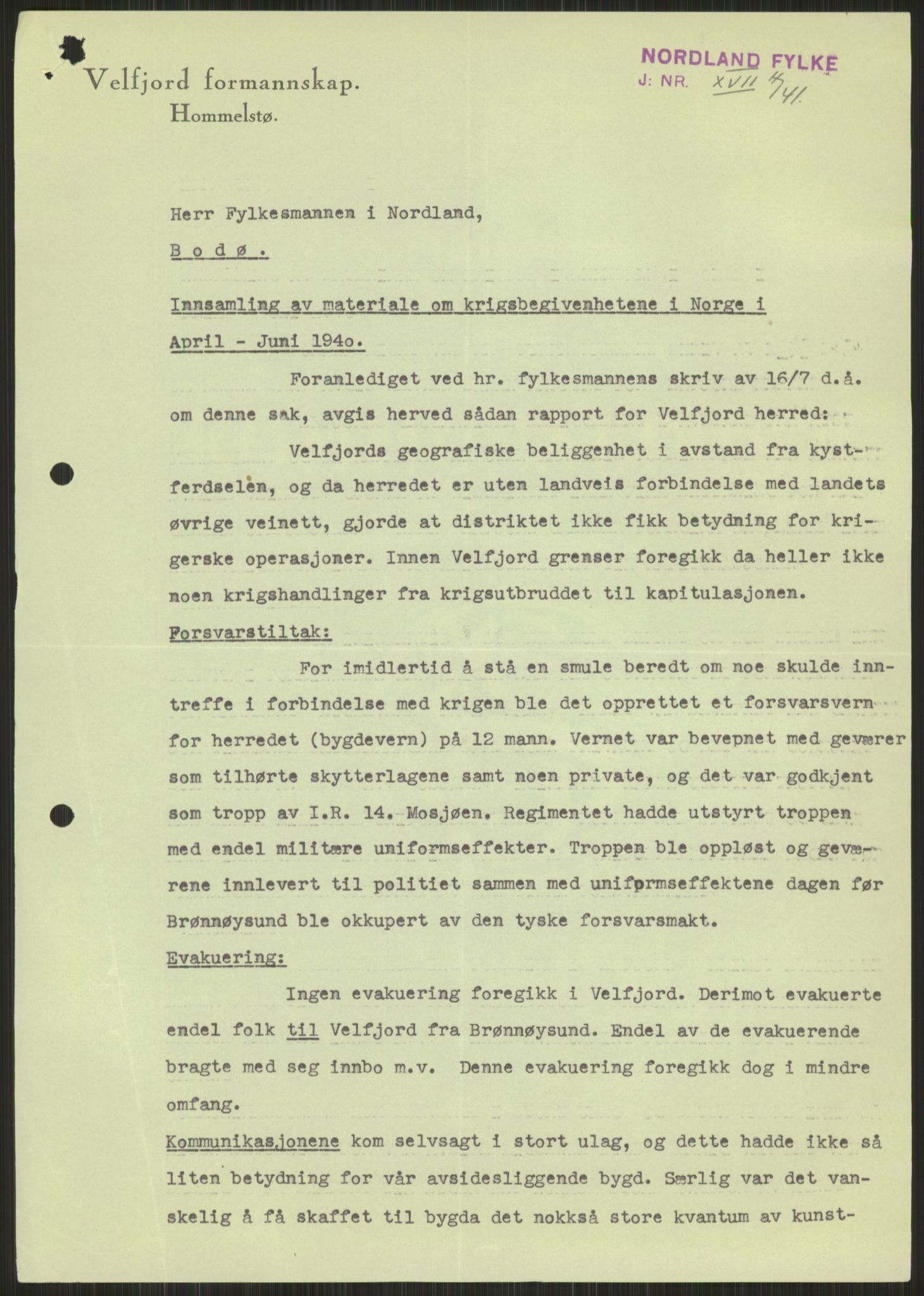 Forsvaret, Forsvarets krigshistoriske avdeling, AV/RA-RAFA-2017/Y/Ya/L0017: II-C-11-31 - Fylkesmenn.  Rapporter om krigsbegivenhetene 1940., 1940, s. 357