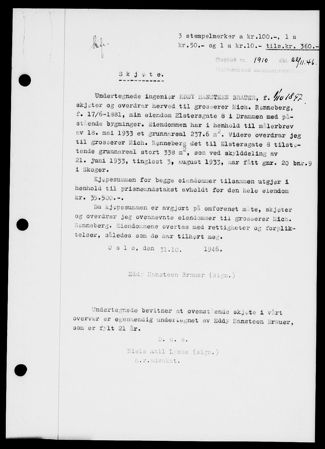 Holmestrand sorenskriveri, SAKO/A-67/G/Ga/Gaa/L0061: Pantebok nr. A-61, 1946-1947, Dagboknr: 1910/1946