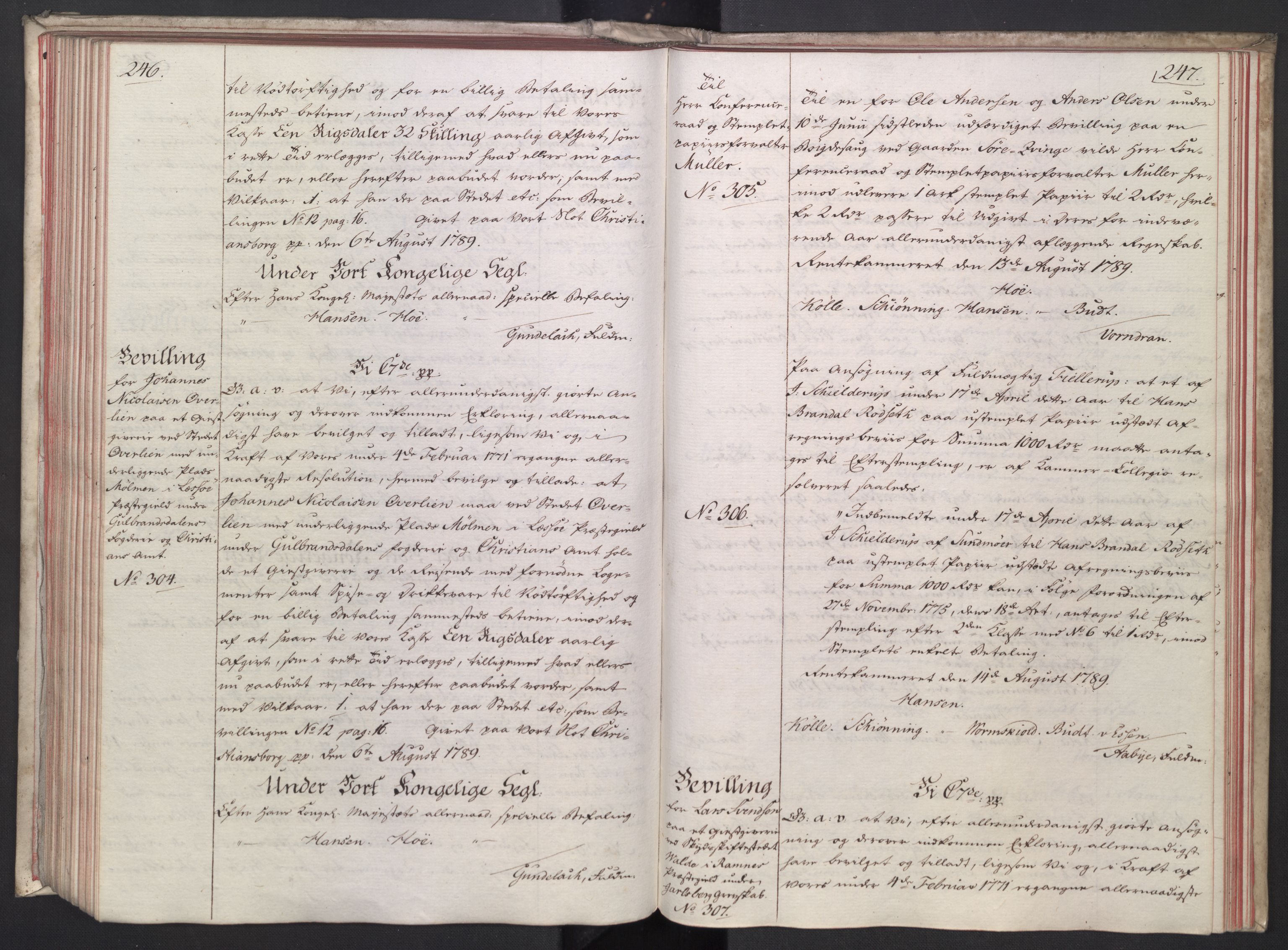 Rentekammeret, Kammerkanselliet, RA/EA-3111/G/Gg/Gga/L0014: Norsk ekspedisjonsprotokoll med register (merket RK 53.14), 1787-1790, s. 246-247