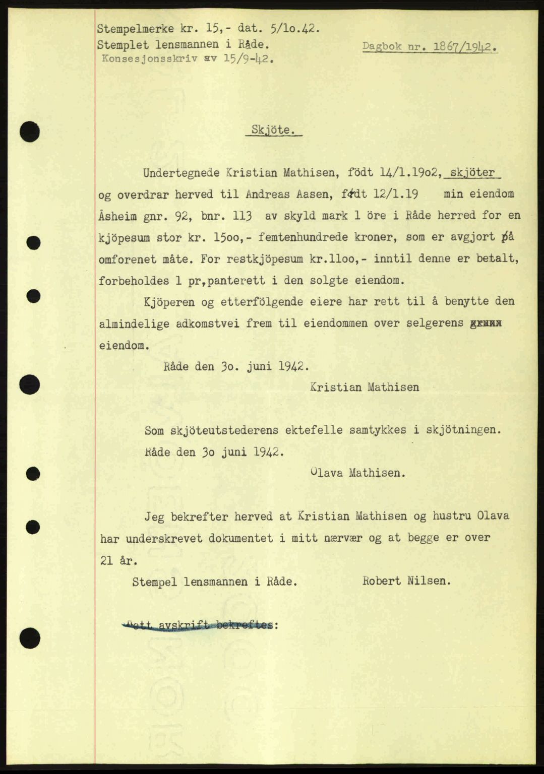 Moss sorenskriveri, SAO/A-10168: Pantebok nr. A10, 1942-1943, Dagboknr: 1867/1942