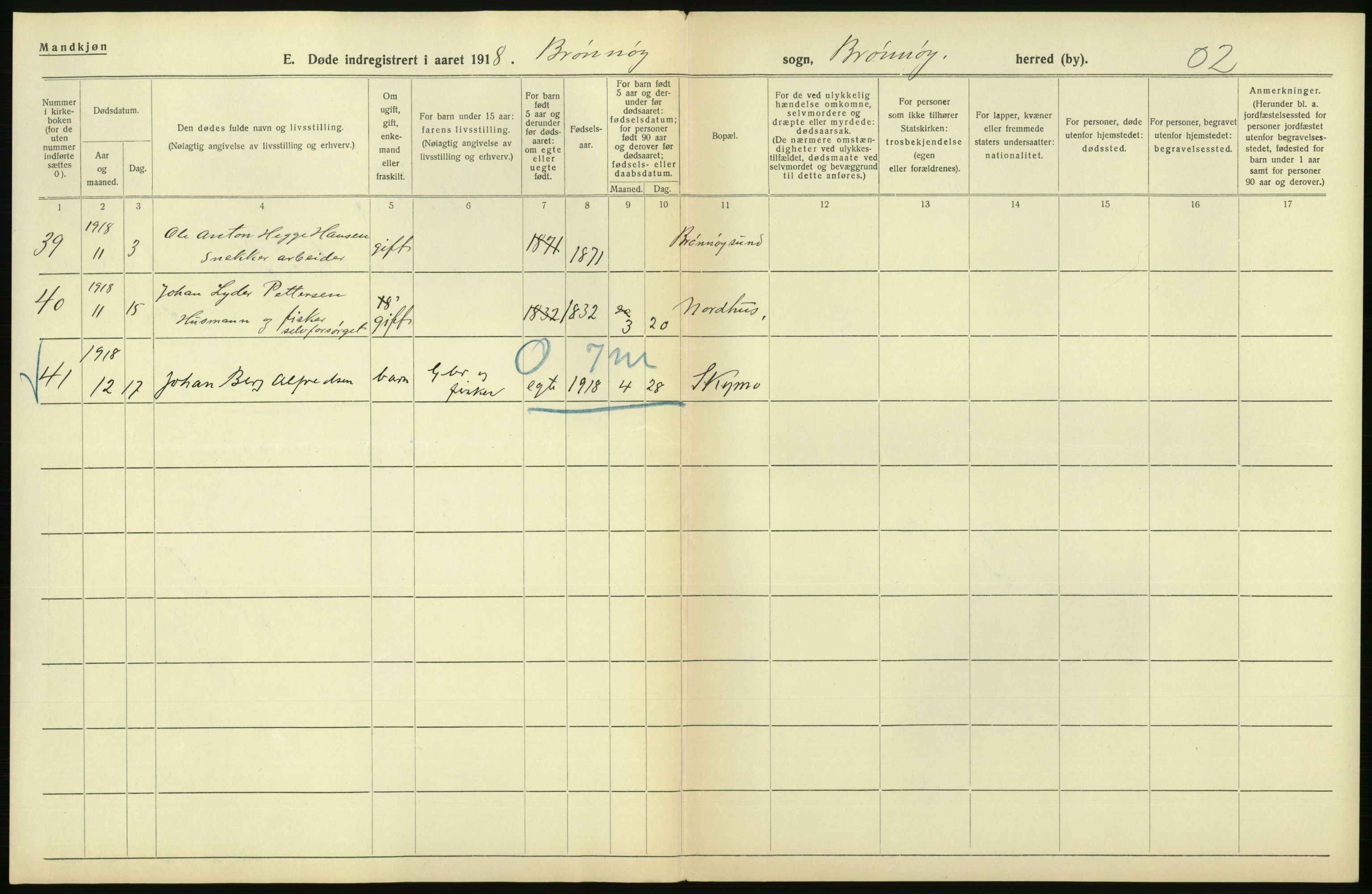 Statistisk sentralbyrå, Sosiodemografiske emner, Befolkning, AV/RA-S-2228/D/Df/Dfb/Dfbh/L0055: Nordland fylke: Døde. Bygder og byer., 1918, s. 62