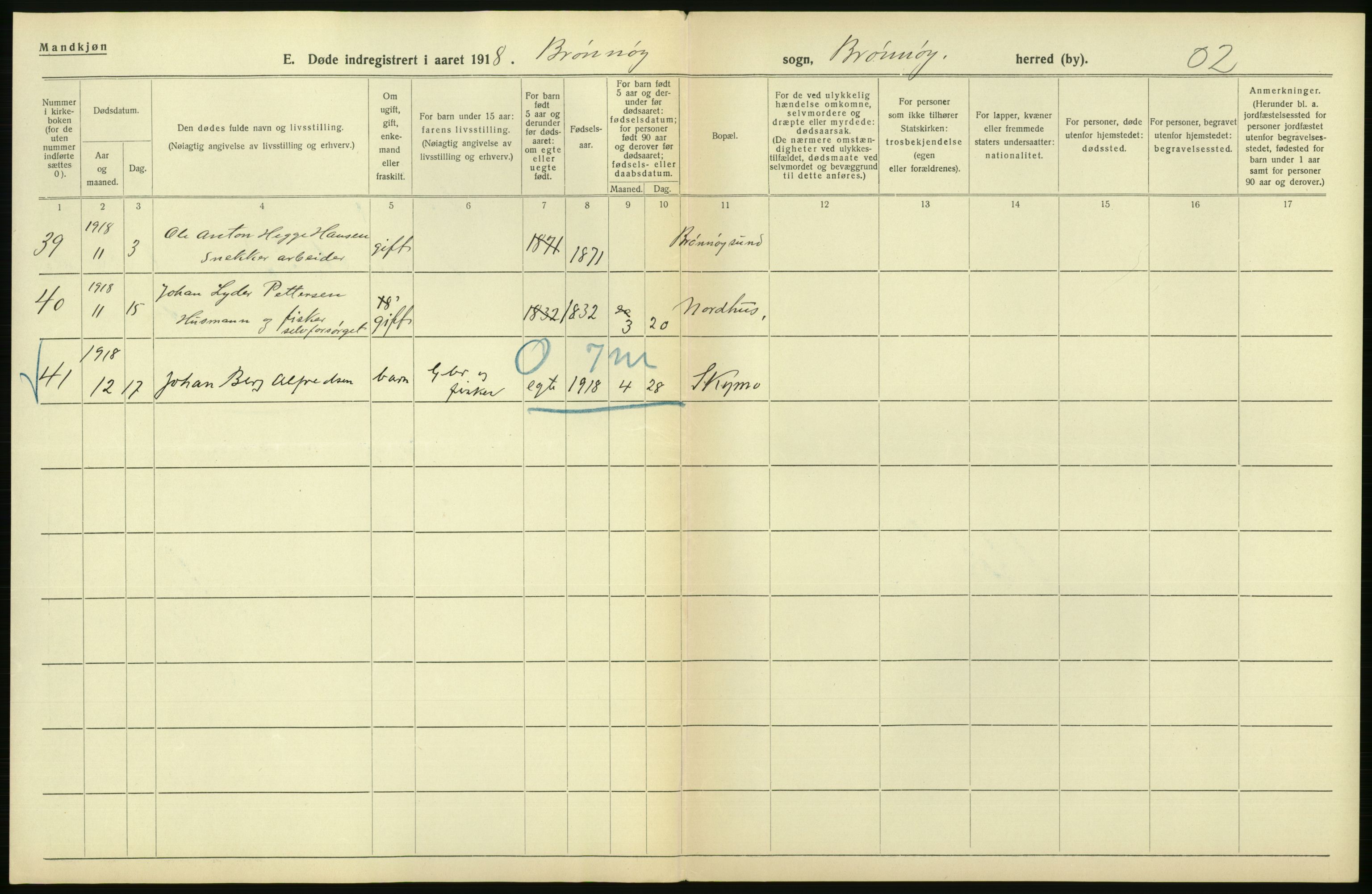 Statistisk sentralbyrå, Sosiodemografiske emner, Befolkning, RA/S-2228/D/Df/Dfb/Dfbh/L0055: Nordland fylke: Døde. Bygder og byer., 1918, s. 62