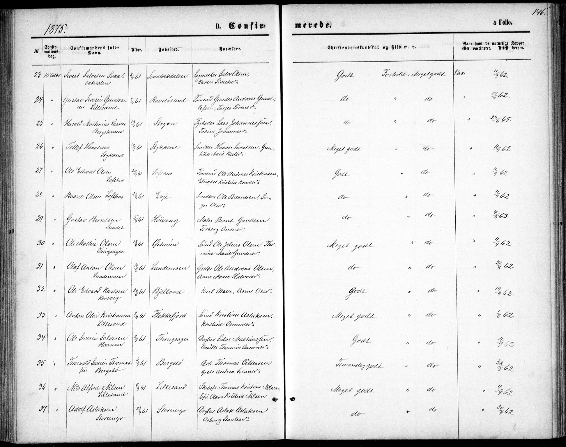 Vestre Moland sokneprestkontor, AV/SAK-1111-0046/F/Fb/Fbb/L0005: Klokkerbok nr. B 5, 1872-1883, s. 146