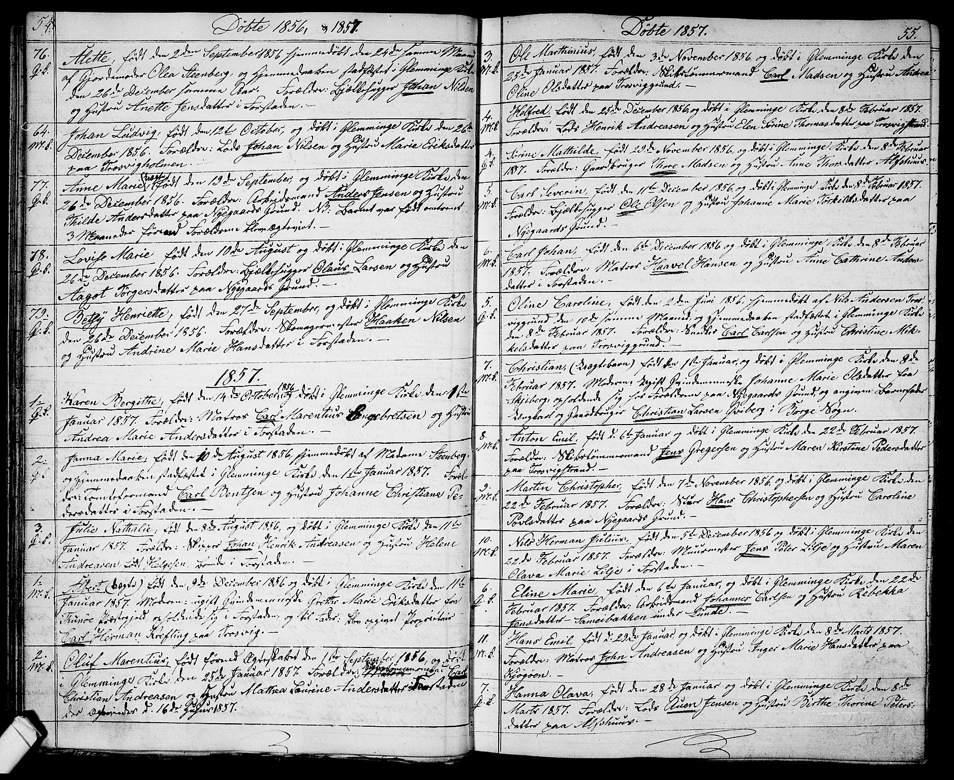 Glemmen prestekontor Kirkebøker, AV/SAO-A-10908/G/Ga/L0003: Klokkerbok nr. 3, 1852-1866, s. 54-55