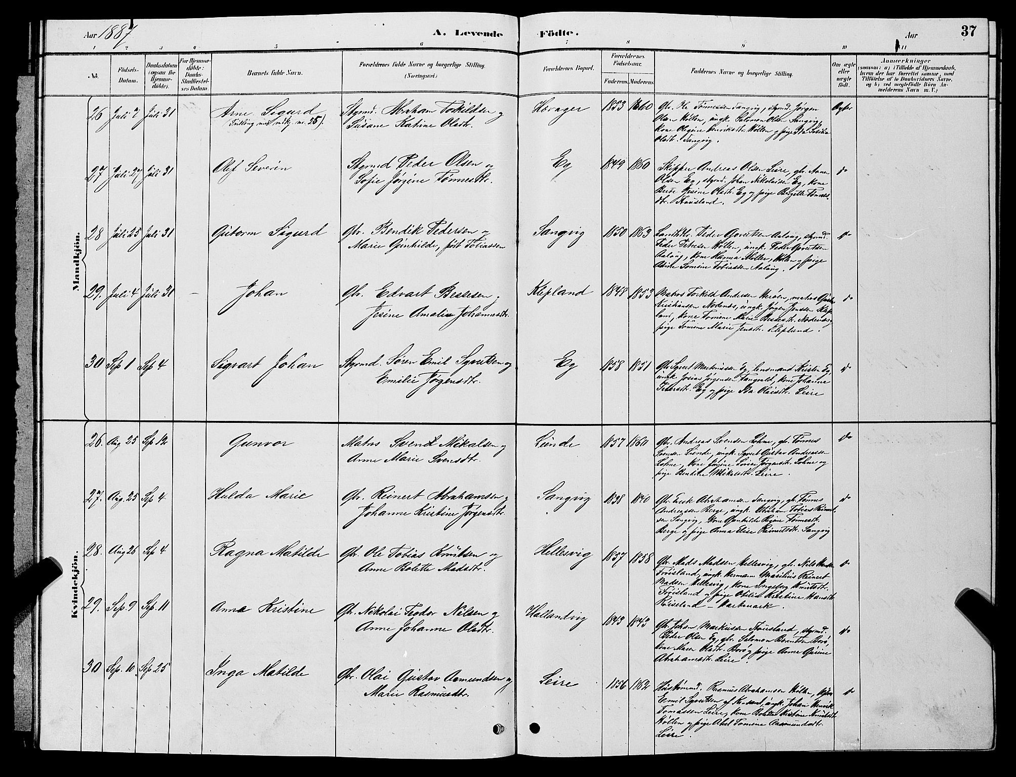Søgne sokneprestkontor, SAK/1111-0037/F/Fb/Fbb/L0005: Klokkerbok nr. B 5, 1884-1891, s. 37