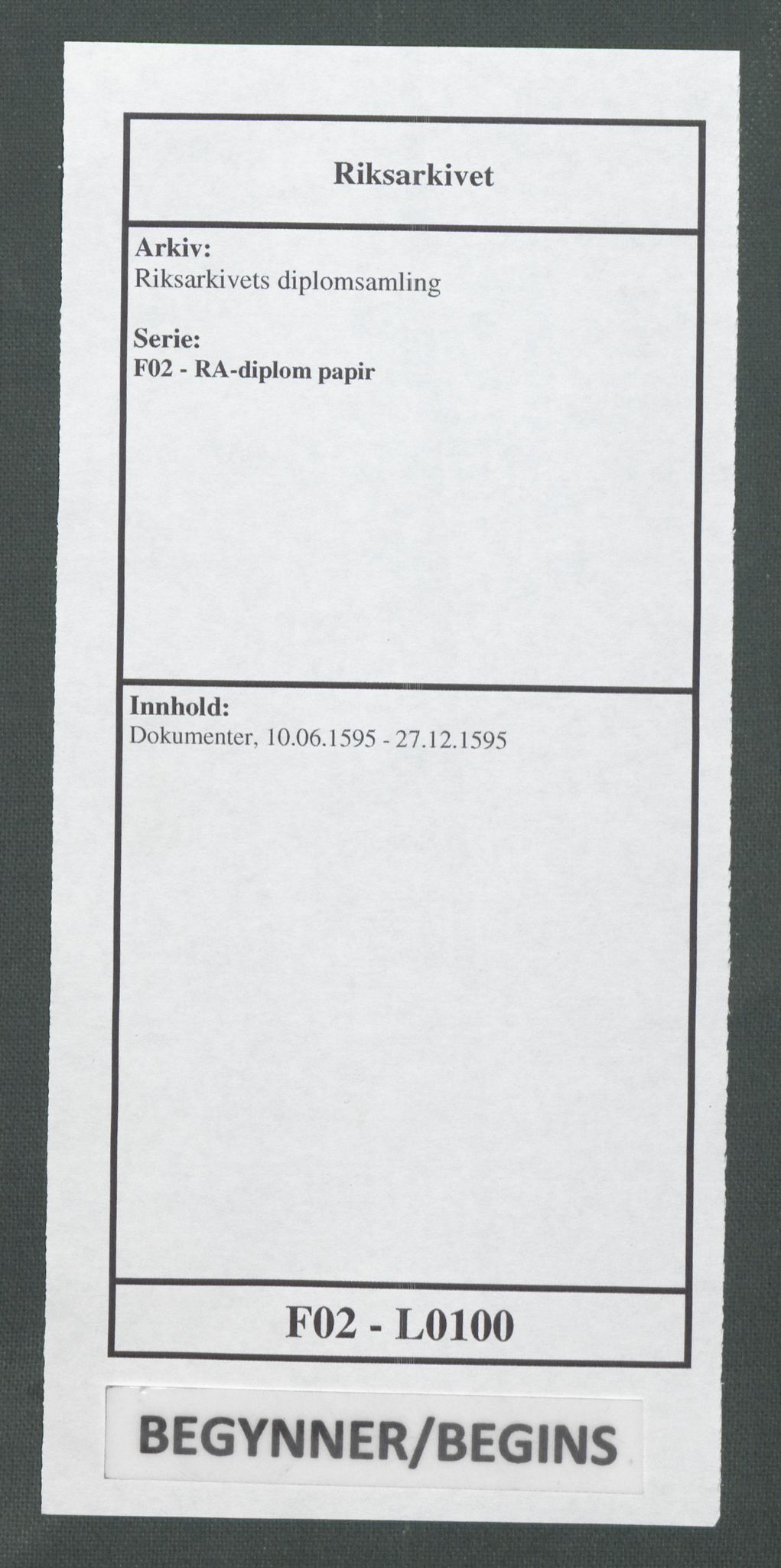 Riksarkivets diplomsamling, RA/EA-5965/F02/L0100: Dokumenter, 1595, s. 1