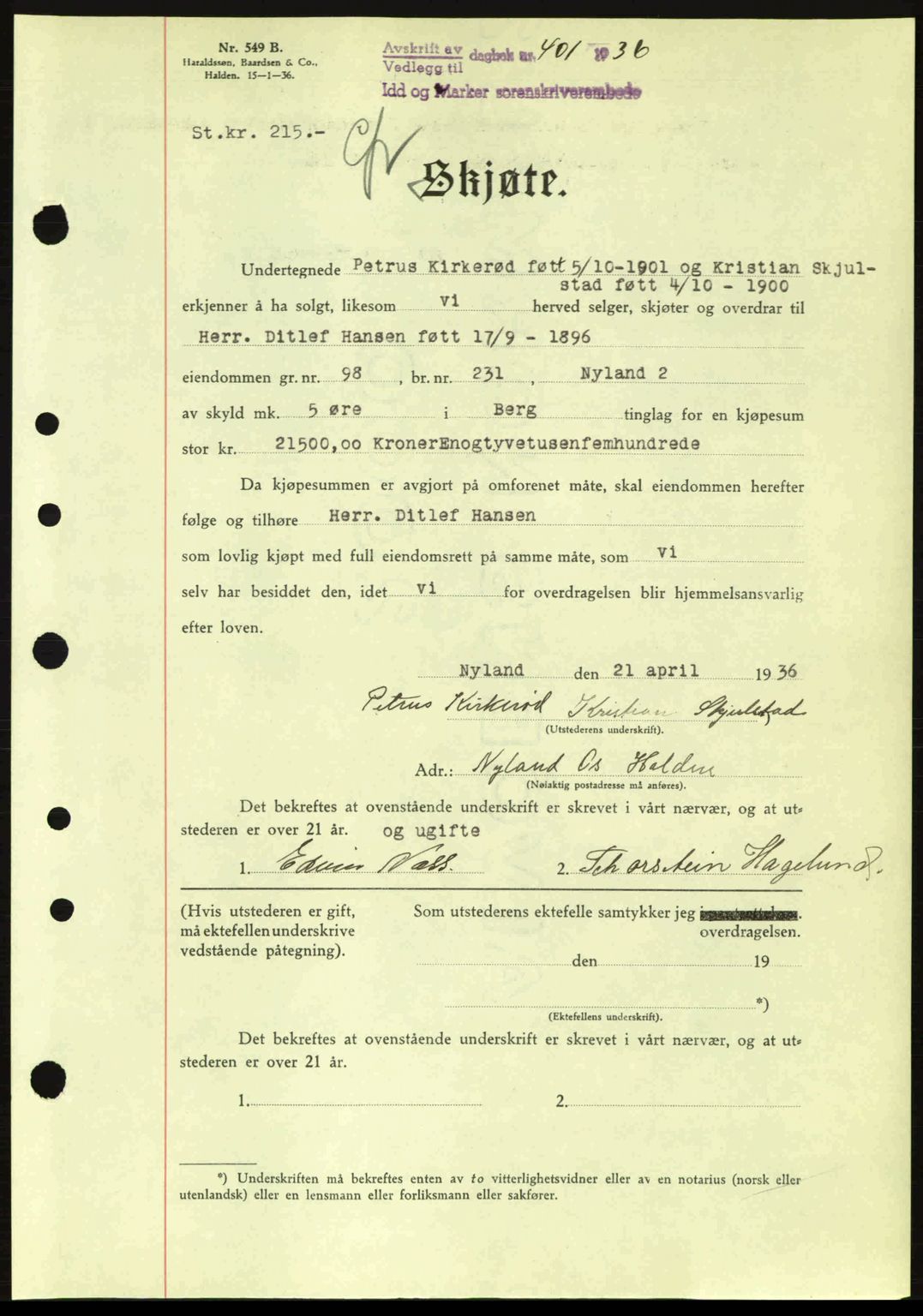 Idd og Marker sorenskriveri, AV/SAO-A-10283/G/Gb/Gbb/L0001: Pantebok nr. A1, 1936-1937, Dagboknr: 401/1936