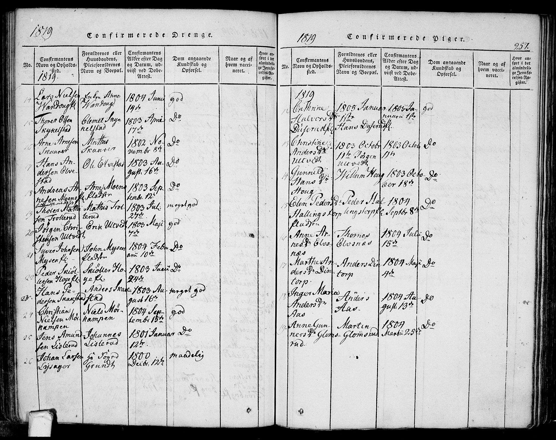 Eidsberg prestekontor Kirkebøker, AV/SAO-A-10905/F/Fa/L0007: Ministerialbok nr. I 7, 1814-1832, s. 257