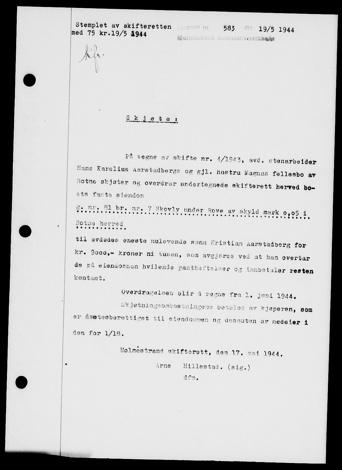 Holmestrand sorenskriveri, SAKO/A-67/G/Ga/Gaa/L0058: Pantebok nr. A-58, 1944-1944, Dagboknr: 583/1944