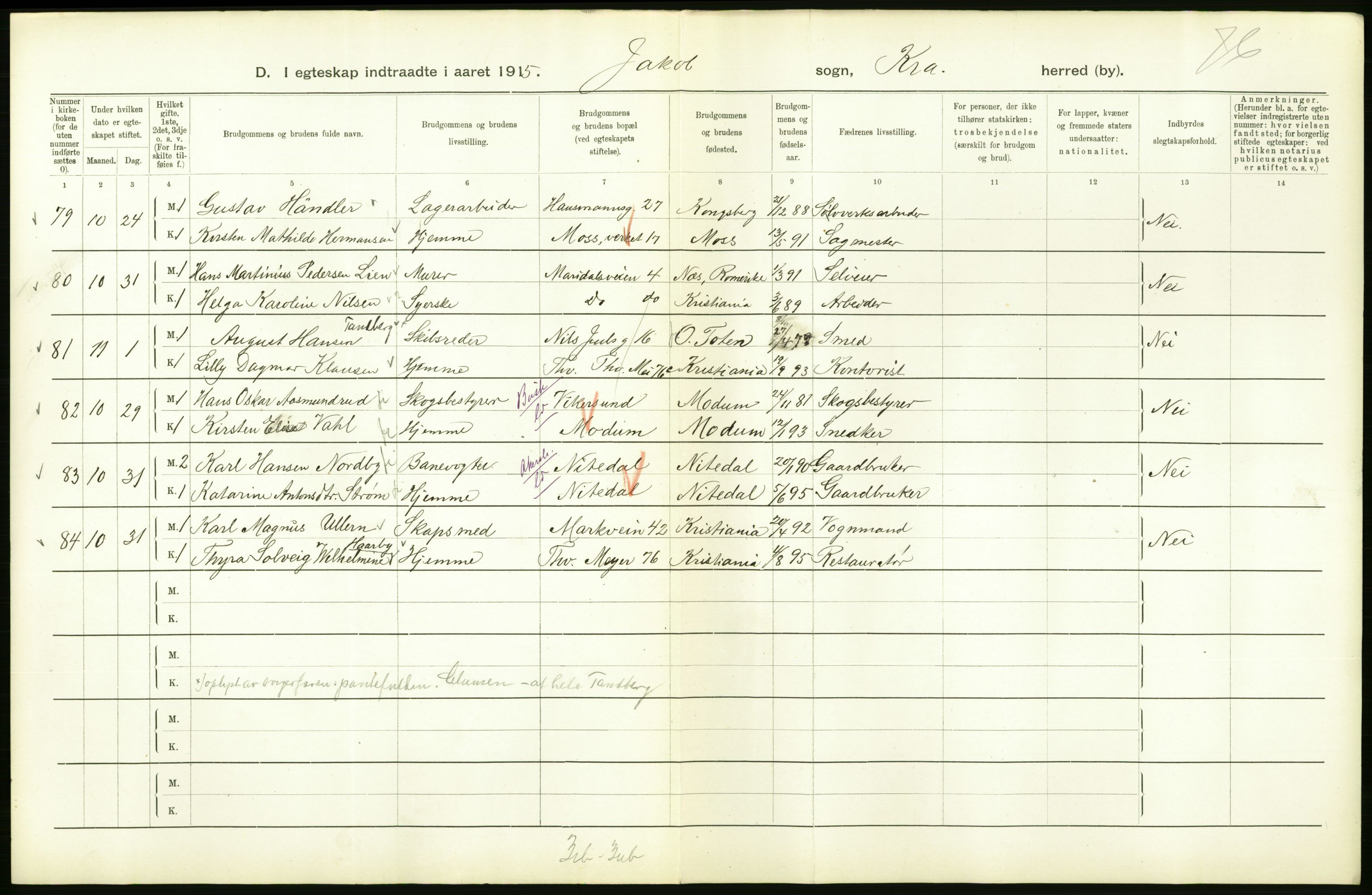 Statistisk sentralbyrå, Sosiodemografiske emner, Befolkning, RA/S-2228/D/Df/Dfb/Dfbe/L0008: Kristiania: Gifte., 1915, s. 582