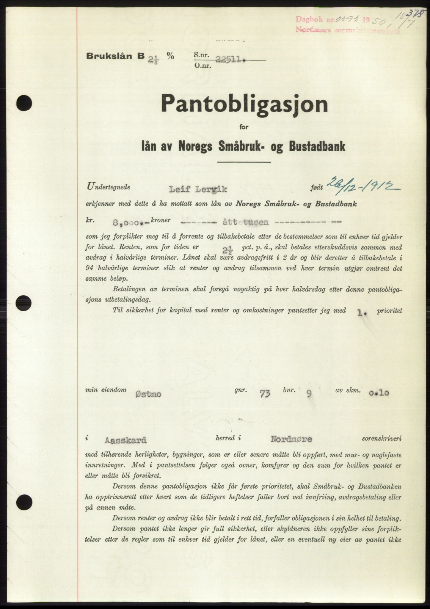 Nordmøre sorenskriveri, AV/SAT-A-4132/1/2/2Ca: Pantebok nr. B105, 1950-1950, Dagboknr: 2292/1950