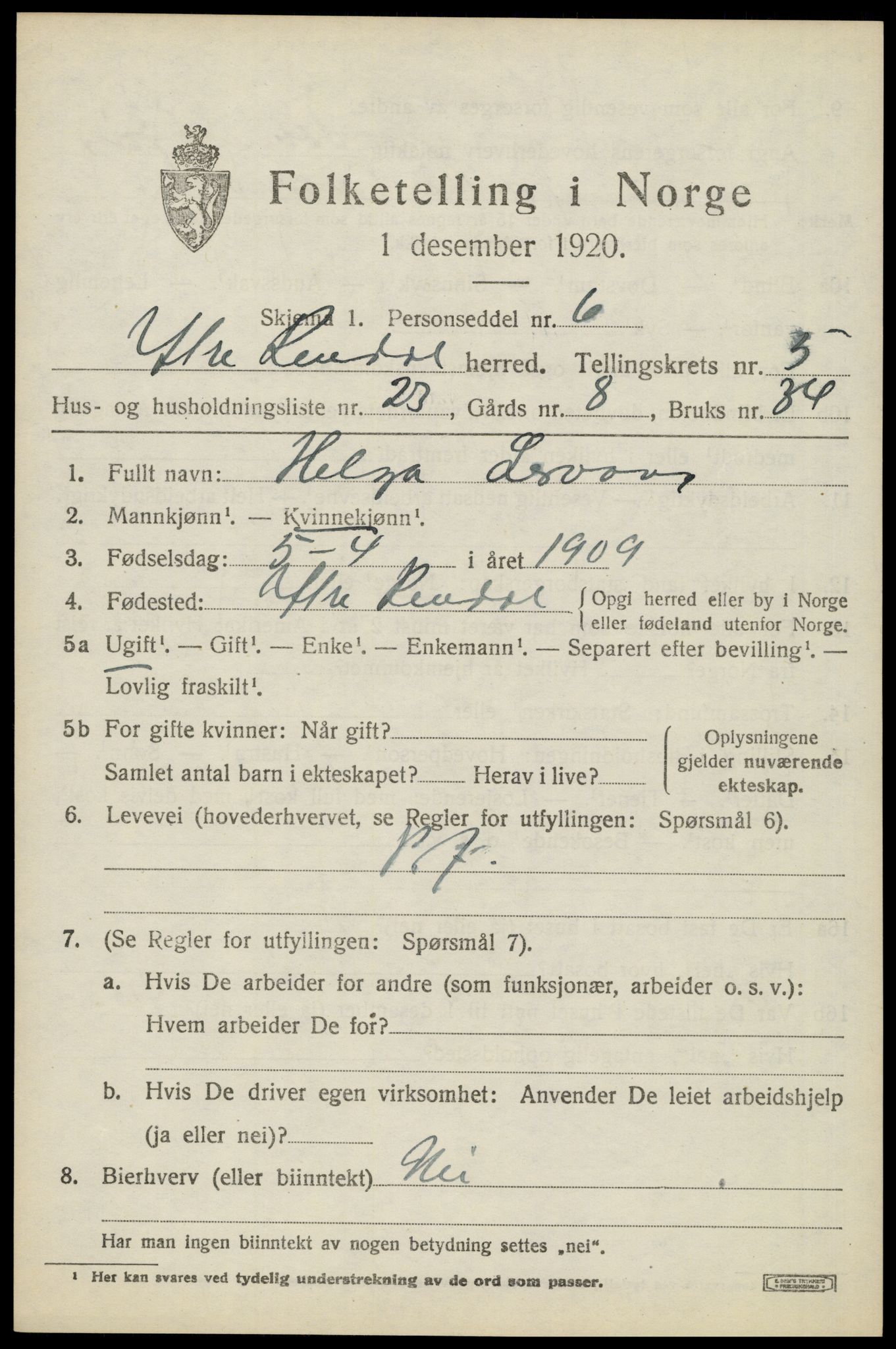 SAH, Folketelling 1920 for 0432 Ytre Rendal herred, 1920, s. 2905