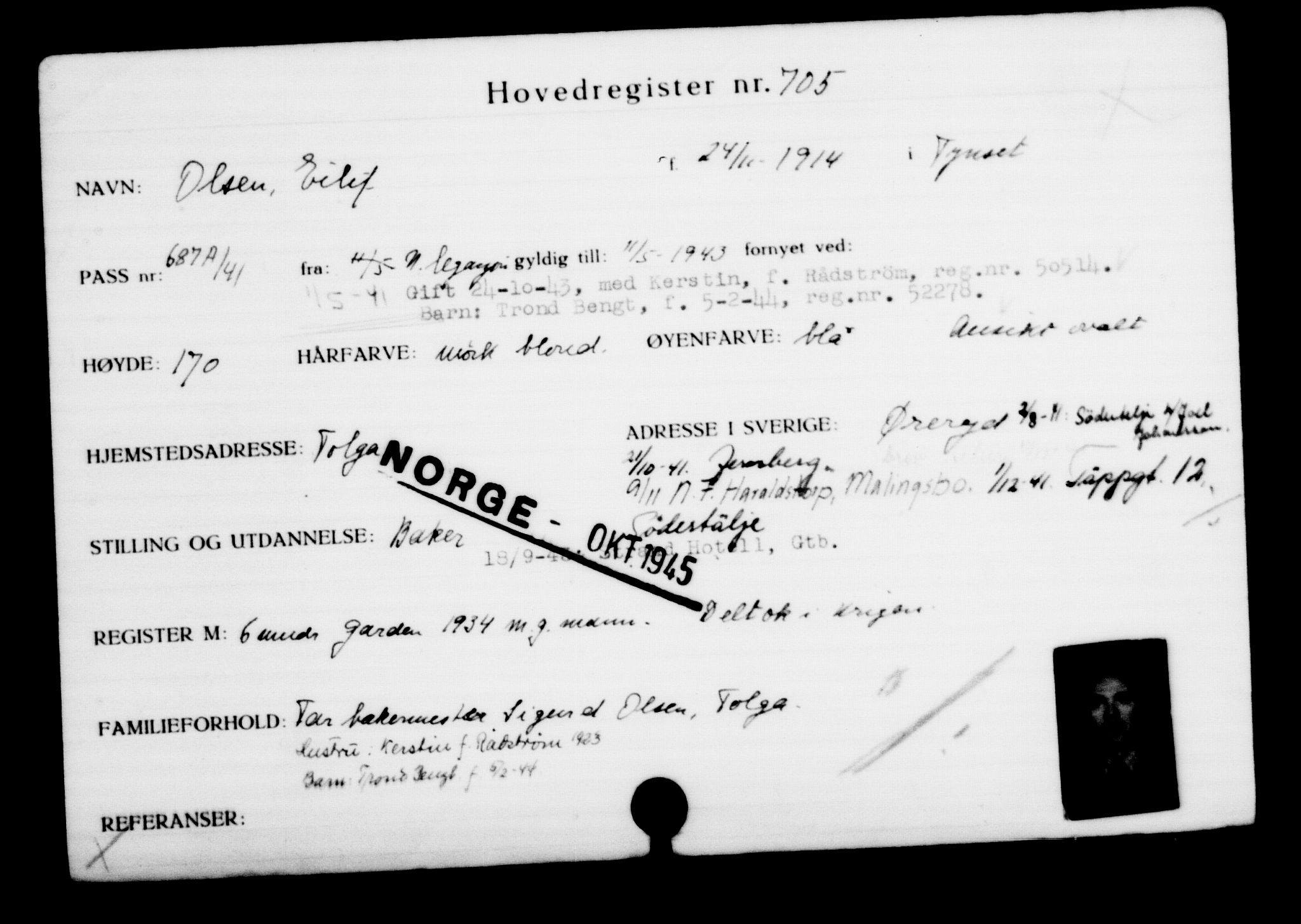 Utenriksstasjonene, Legasjonen i Stockholm, Flyktningkontoret, AV/RA-S-6753/V/Va/L0001: Kjesäterkartoteket, flyktninger med registreringsnr. 1-1000, 1940-1945, s. 1105
