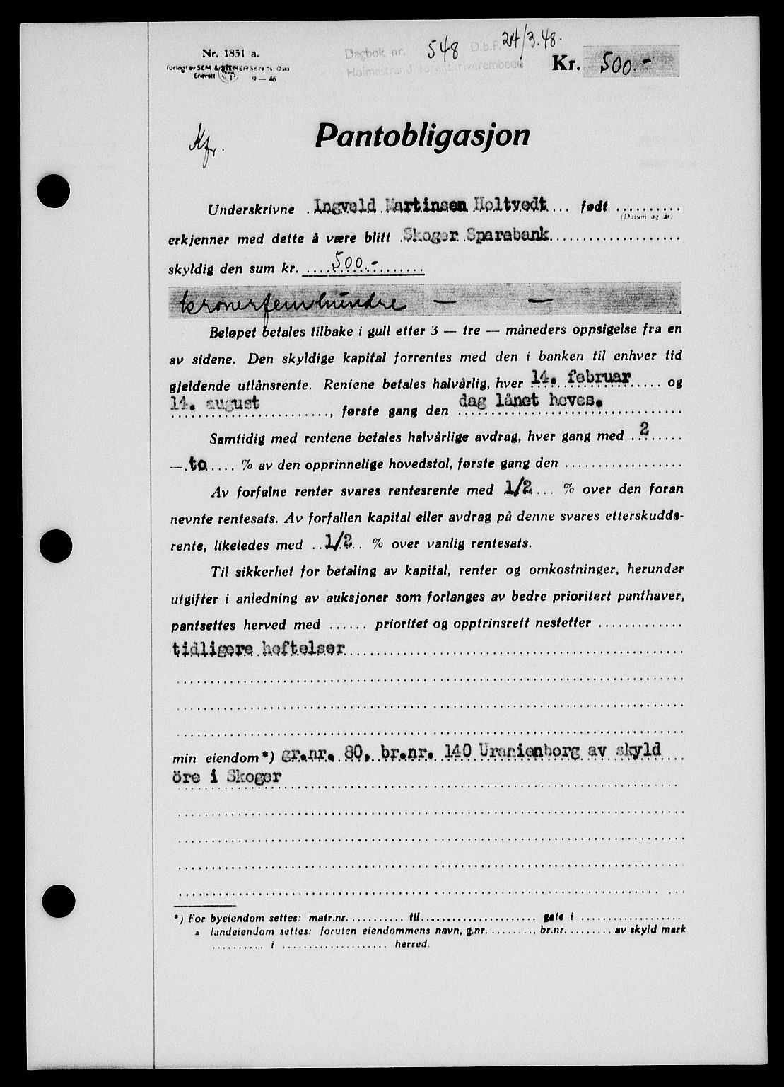 Holmestrand sorenskriveri, SAKO/A-67/G/Ga/Gab/L0058: Pantebok nr. B-58, 1947-1948, Dagboknr: 548/1948