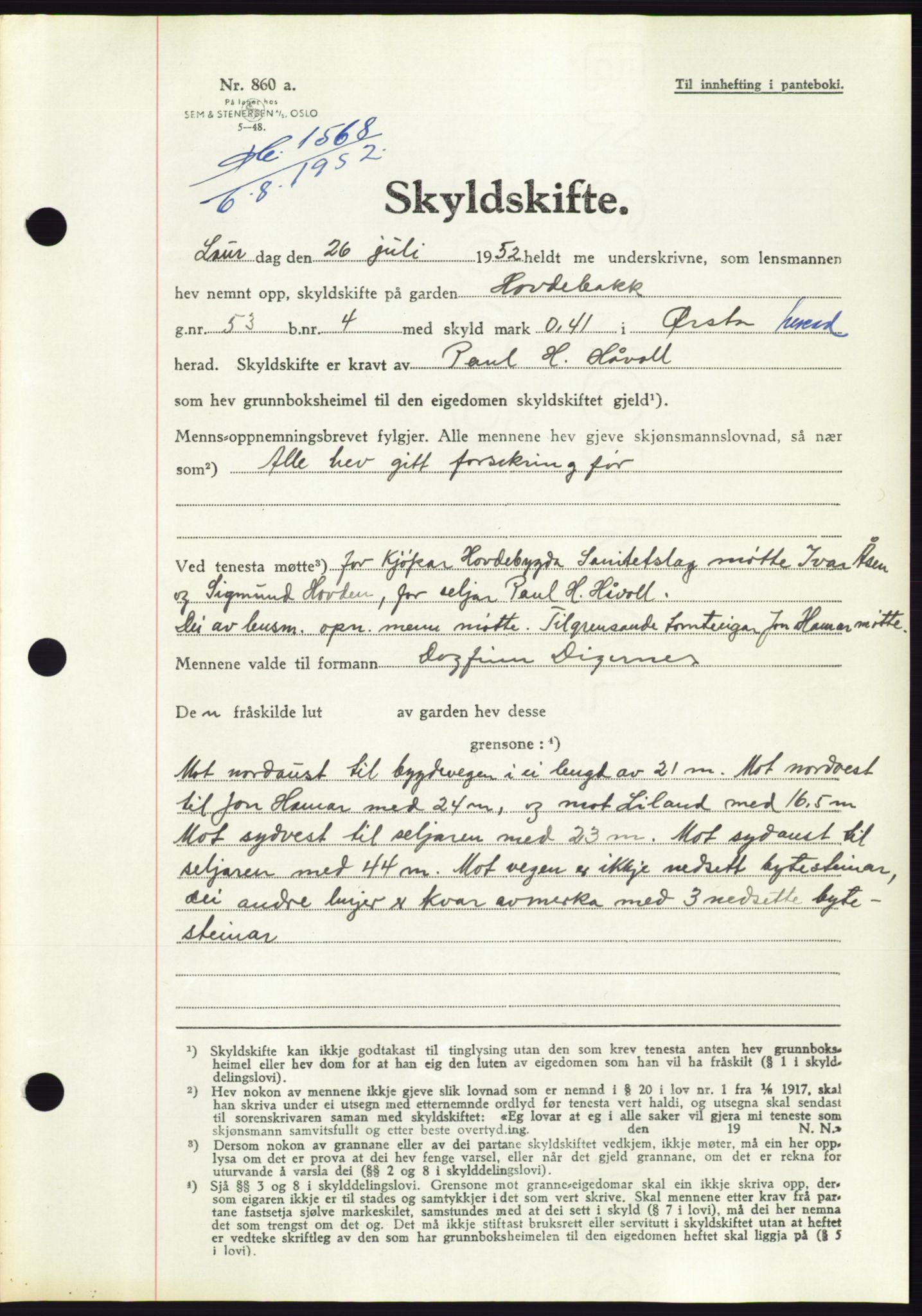 Søre Sunnmøre sorenskriveri, AV/SAT-A-4122/1/2/2C/L0092: Pantebok nr. 18A, 1952-1952, Dagboknr: 1568/1952