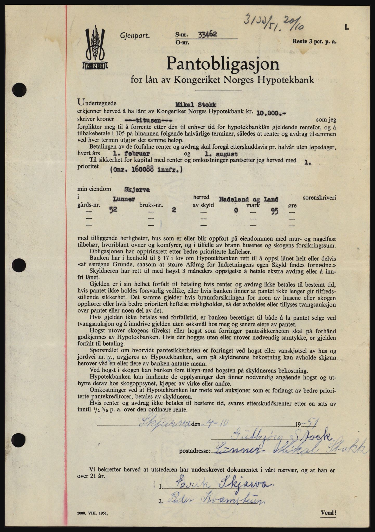 Hadeland og Land tingrett, SAH/TING-010/H/Hb/Hbc/L0022: Pantebok nr. B22, 1951-1951, Dagboknr: 3133/1951