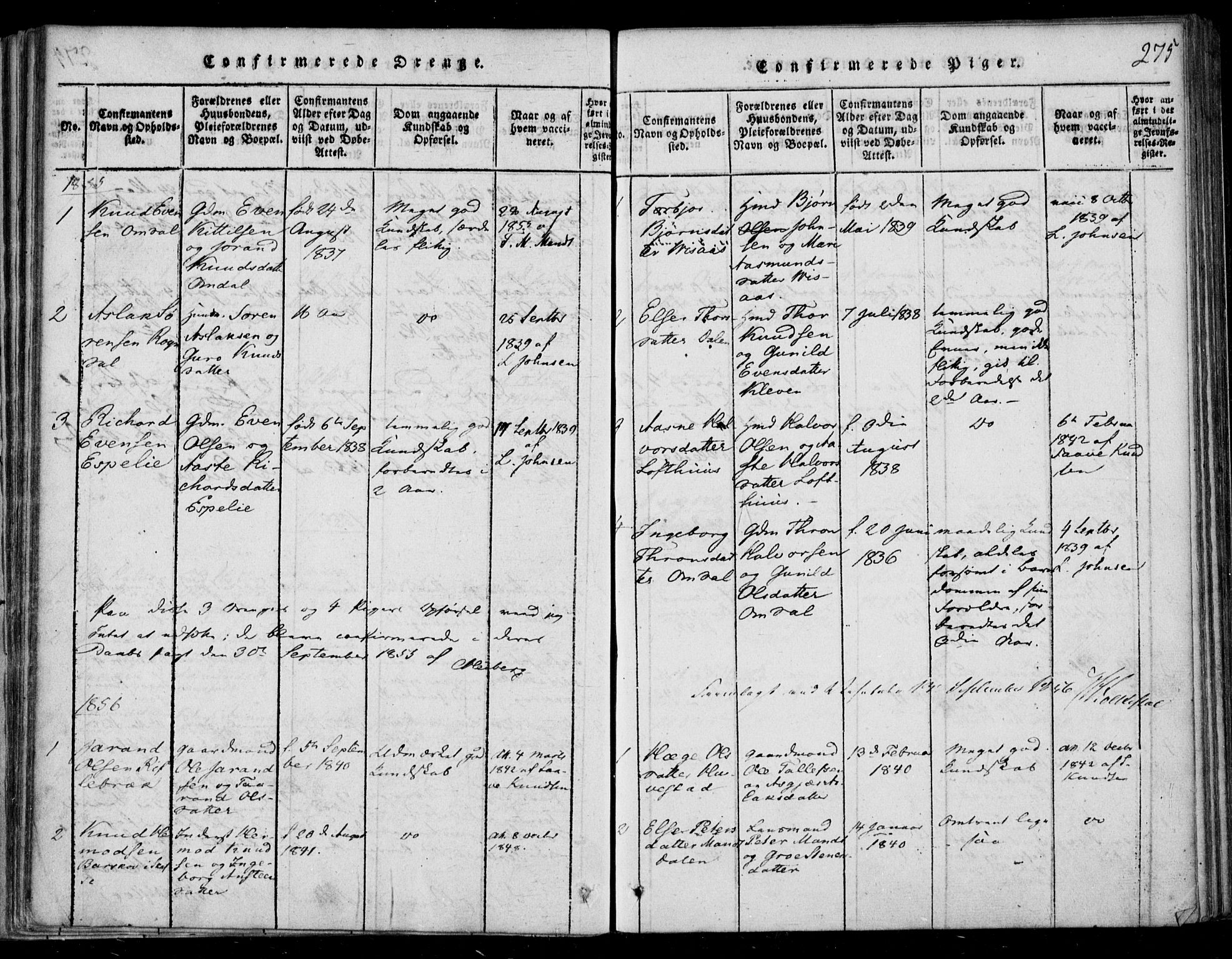 Lårdal kirkebøker, SAKO/A-284/F/Fb/L0001: Ministerialbok nr. II 1, 1815-1860, s. 275