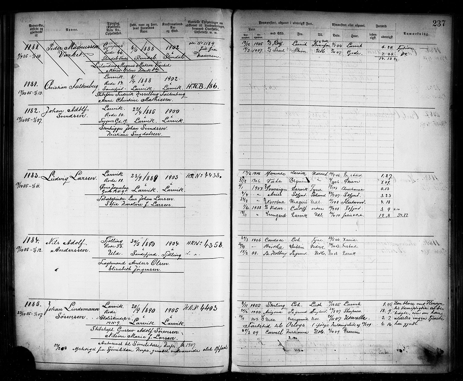 Larvik innrulleringskontor, AV/SAKO-A-787/F/Fb/L0002: Annotasjonsrulle, 1897-1917, s. 240