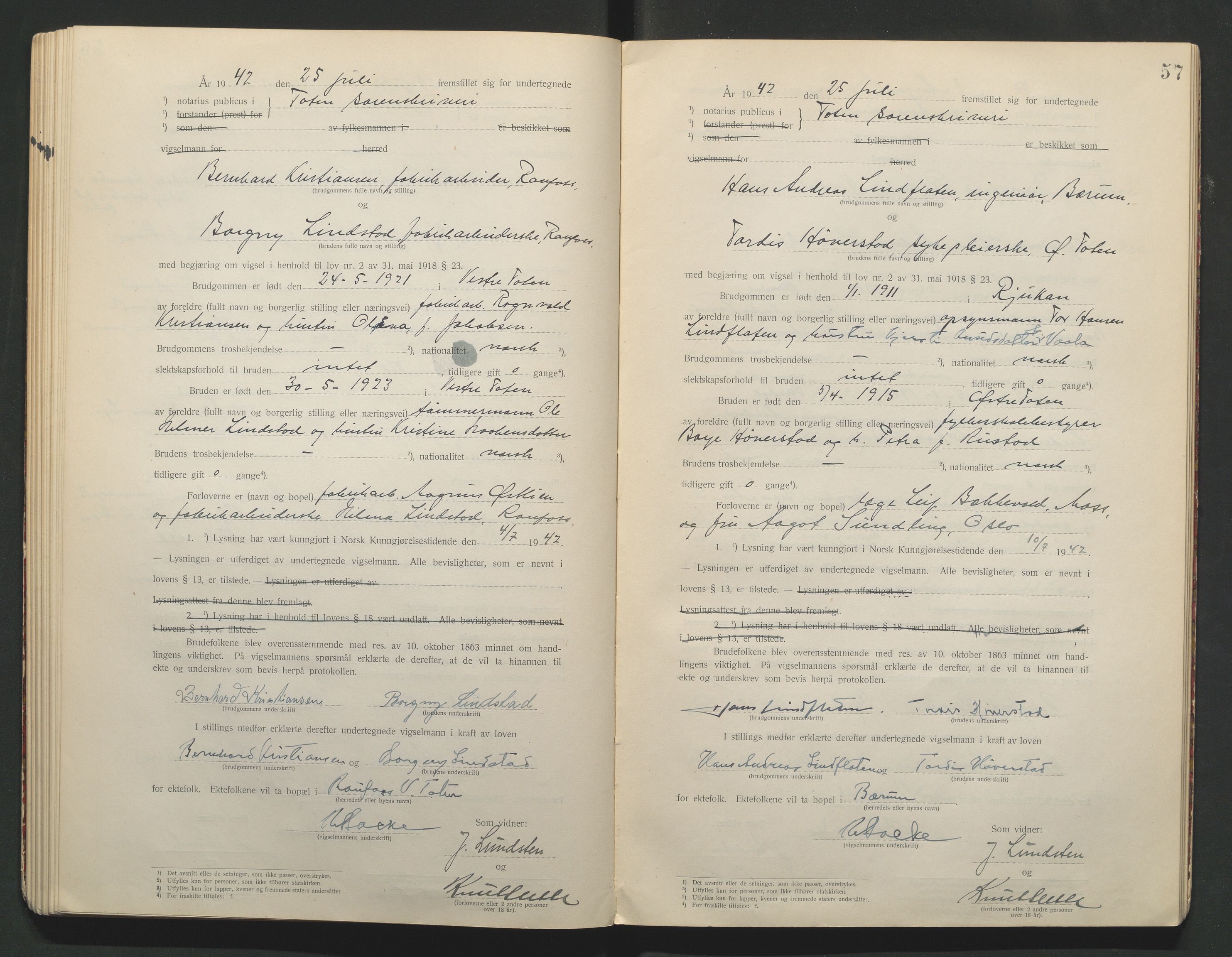 Toten tingrett, AV/SAH-TING-006/L/Lc/L0001: Vigselbok, 1920-1942, s. 57