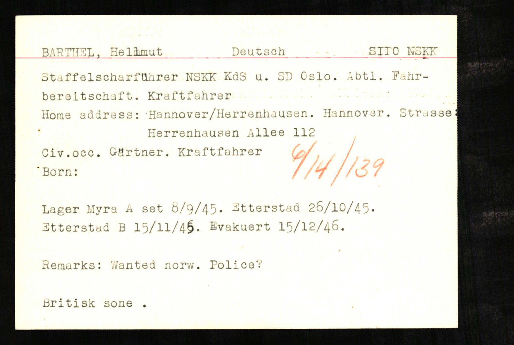 Forsvaret, Forsvarets overkommando II, RA/RAFA-3915/D/Db/L0002: CI Questionaires. Tyske okkupasjonsstyrker i Norge. Tyskere., 1945-1946, s. 140