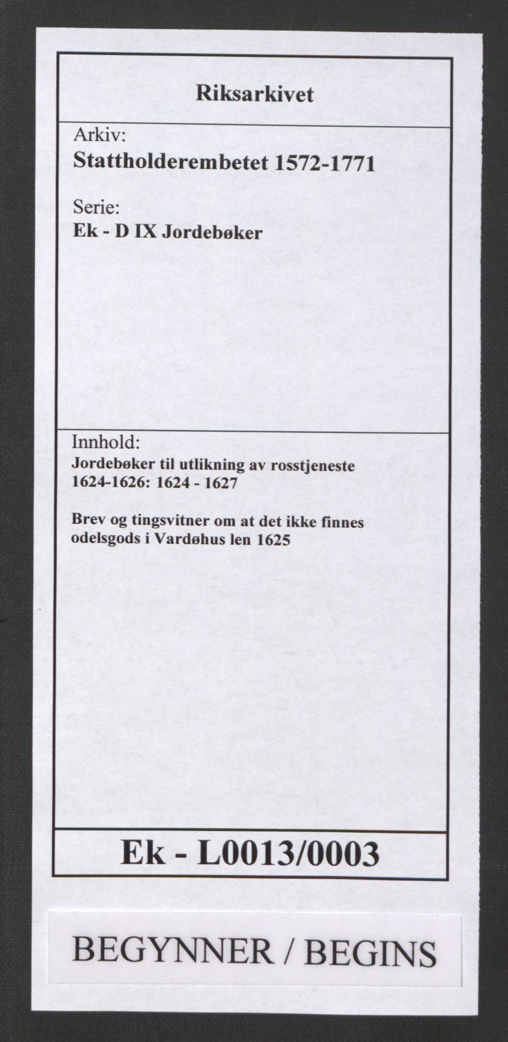 Stattholderembetet 1572-1771, RA/EA-2870/Ek/L0013/0003: Jordebøker til utlikning av rosstjeneste 1624-1626: / Brev og tingsvitner om at det ikke finnes odelsgods i Vardøhus len, 1625, s. 1
