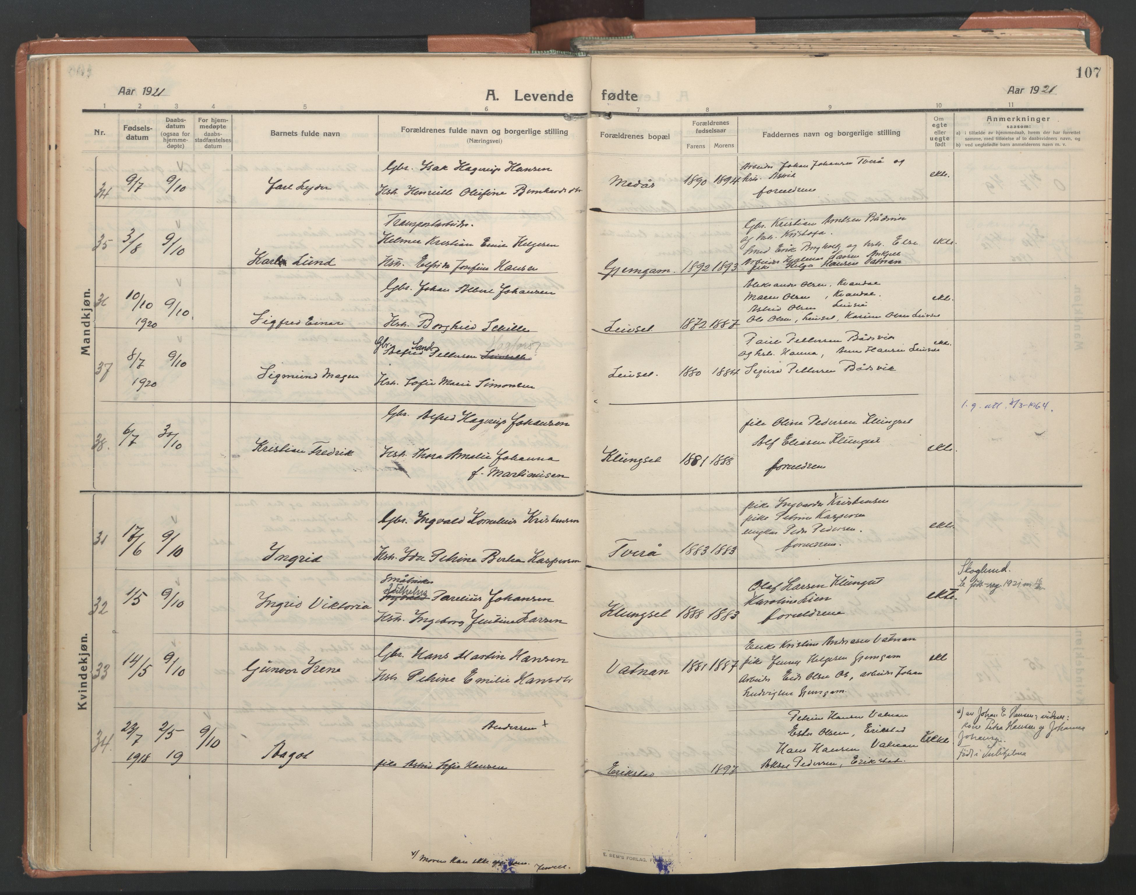 Ministerialprotokoller, klokkerbøker og fødselsregistre - Nordland, AV/SAT-A-1459/849/L0698: Ministerialbok nr. 849A09, 1911-1924, s. 107