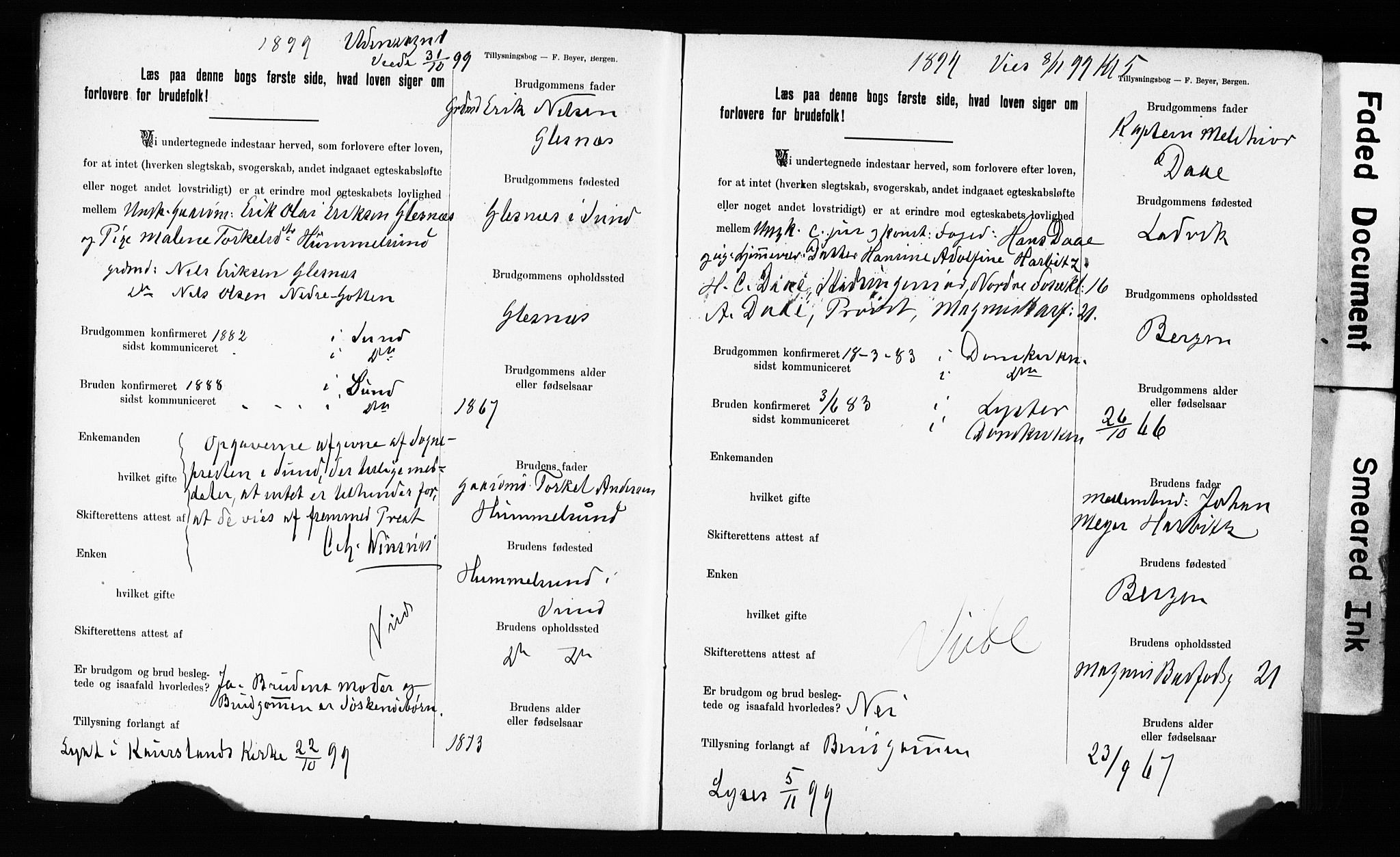 Domkirken sokneprestembete, SAB/A-74801: Forlovererklæringer nr. II.5.11, 1899-1910, s. 4
