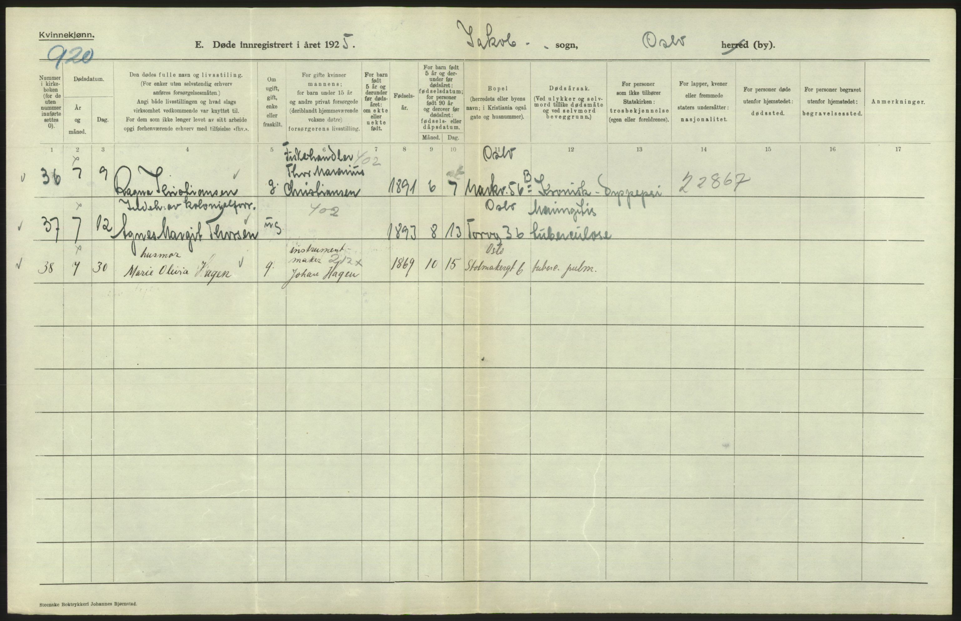 Statistisk sentralbyrå, Sosiodemografiske emner, Befolkning, AV/RA-S-2228/D/Df/Dfc/Dfce/L0010: Oslo: Døde kvinner, dødfødte, 1925, s. 350