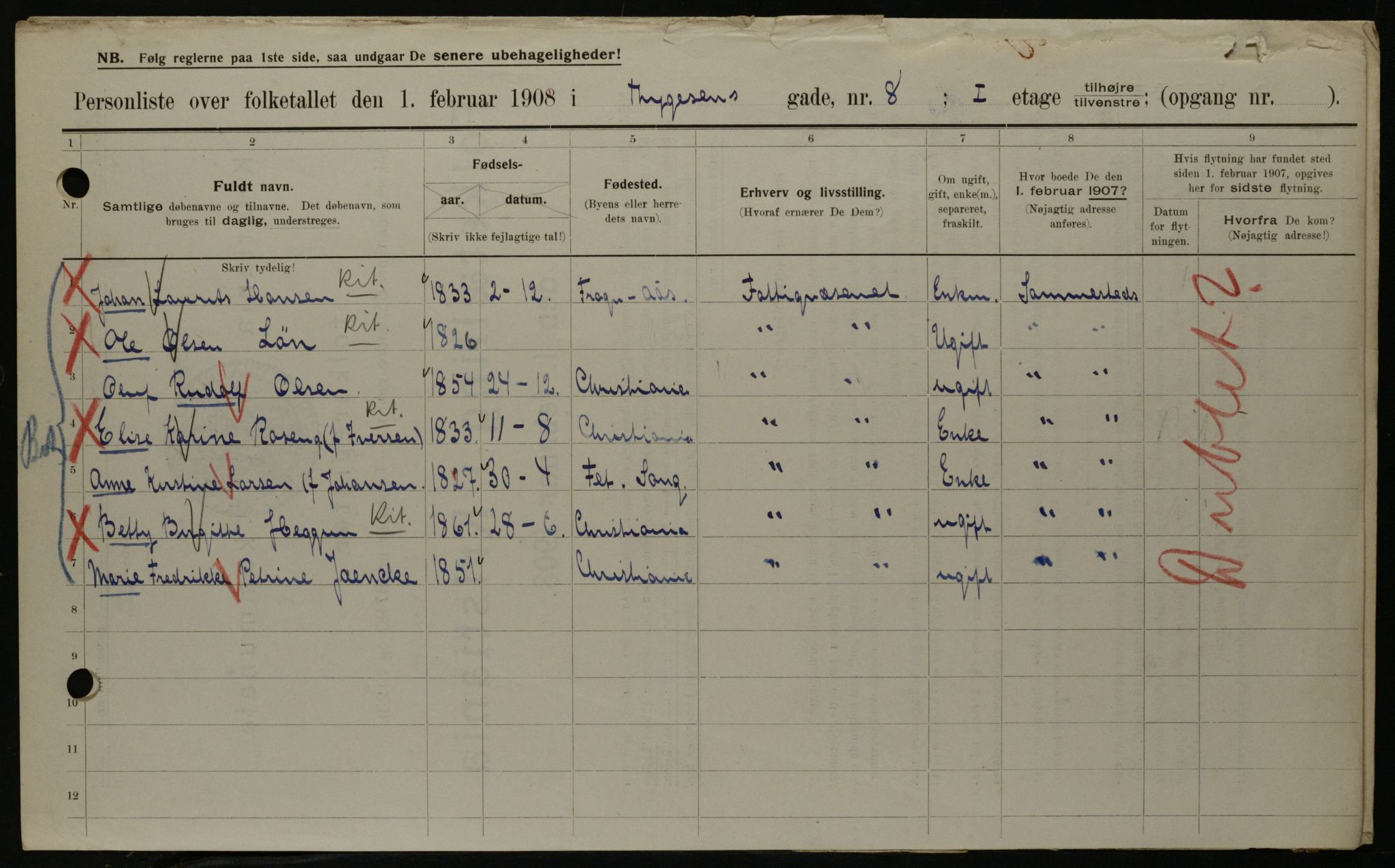 OBA, Kommunal folketelling 1.2.1908 for Kristiania kjøpstad, 1908, s. 100105