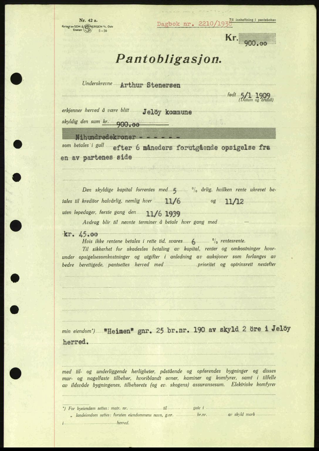 Moss sorenskriveri, SAO/A-10168: Pantebok nr. B6, 1938-1938, Dagboknr: 2210/1938