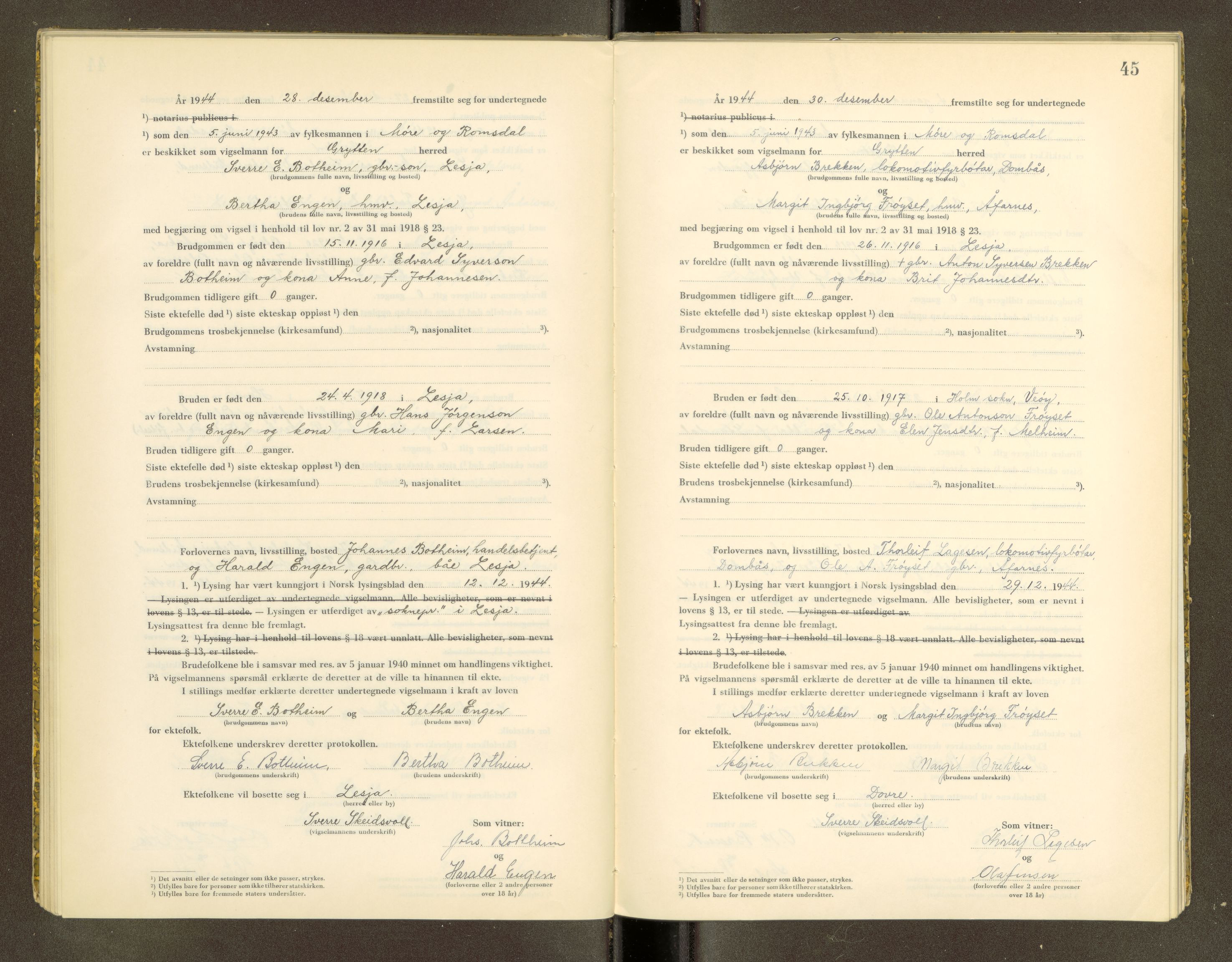 Romsdal sorenskriveri, SAT/A-4149/1/6/6D/L0008: Vigselbok for Grytten, 1943-1945, s. 45