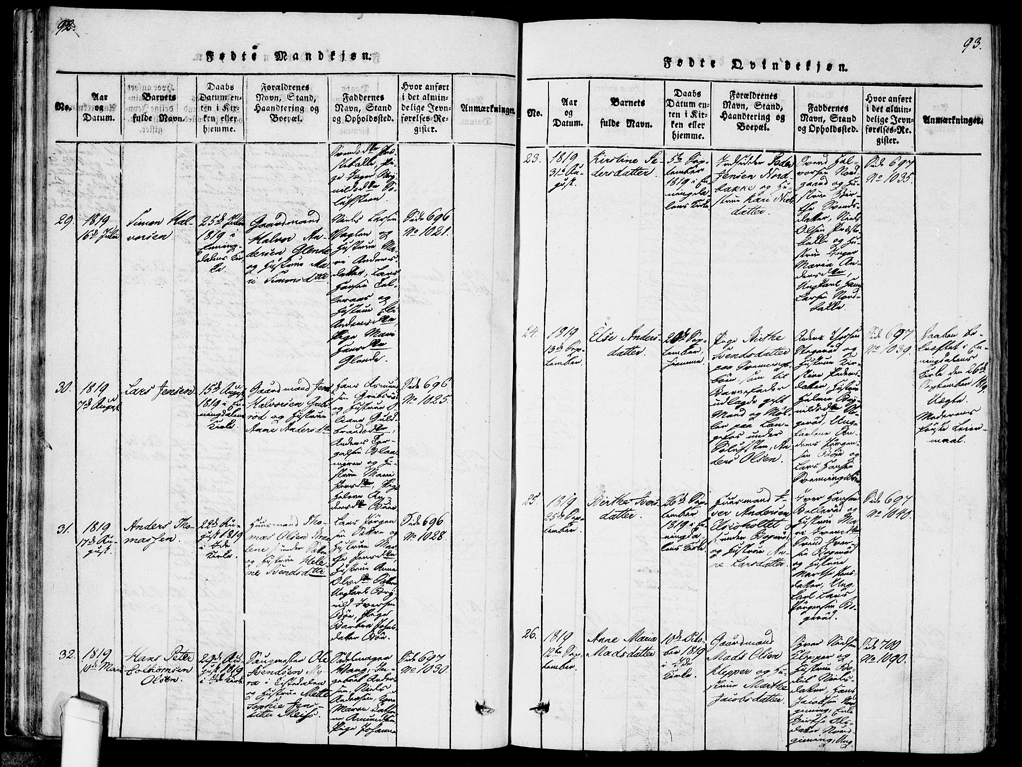 Idd prestekontor Kirkebøker, AV/SAO-A-10911/F/Fc/L0002: Ministerialbok nr. III 2, 1815-1831, s. 92-93