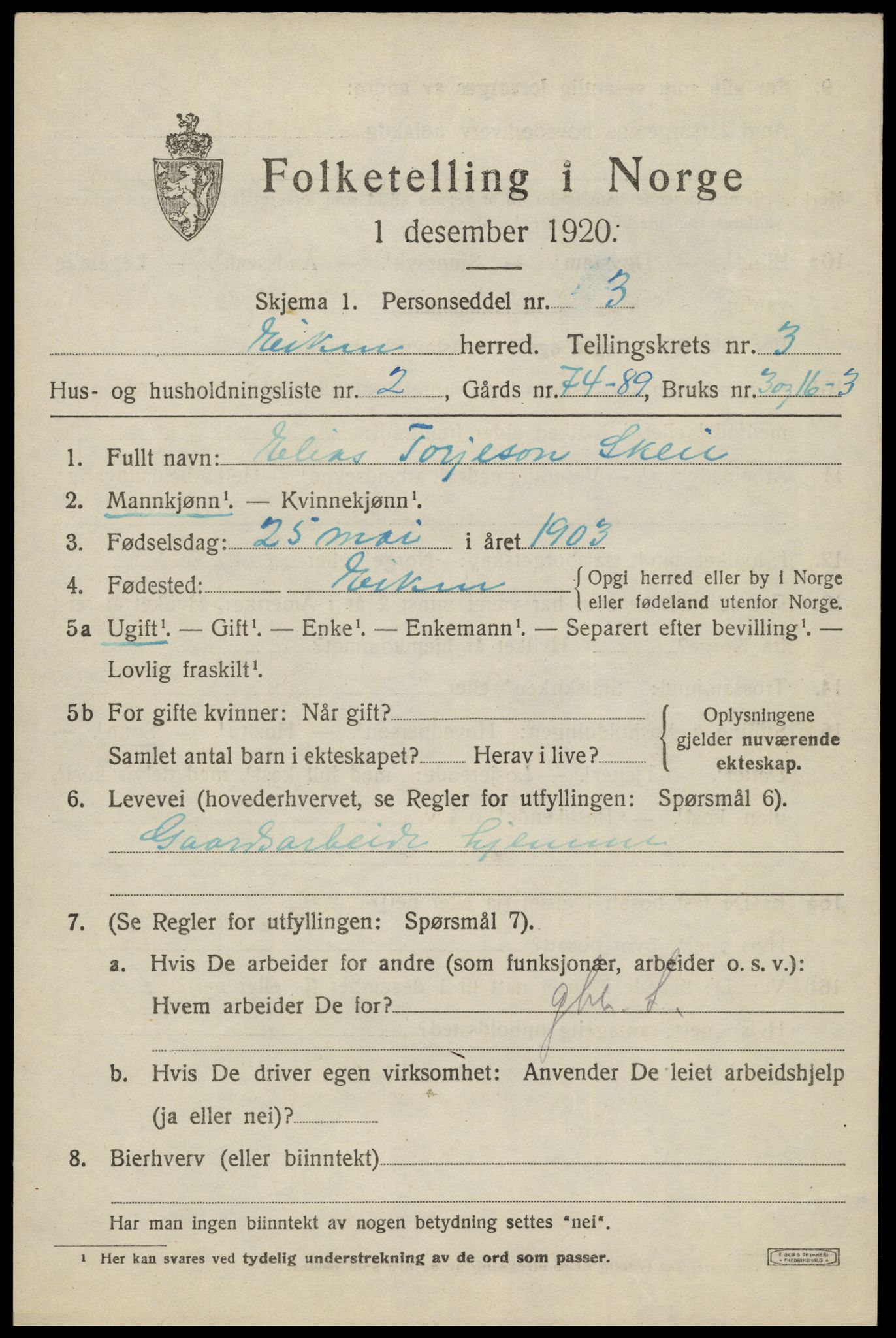 SAK, Folketelling 1920 for 1035 Eiken herred, 1920, s. 949