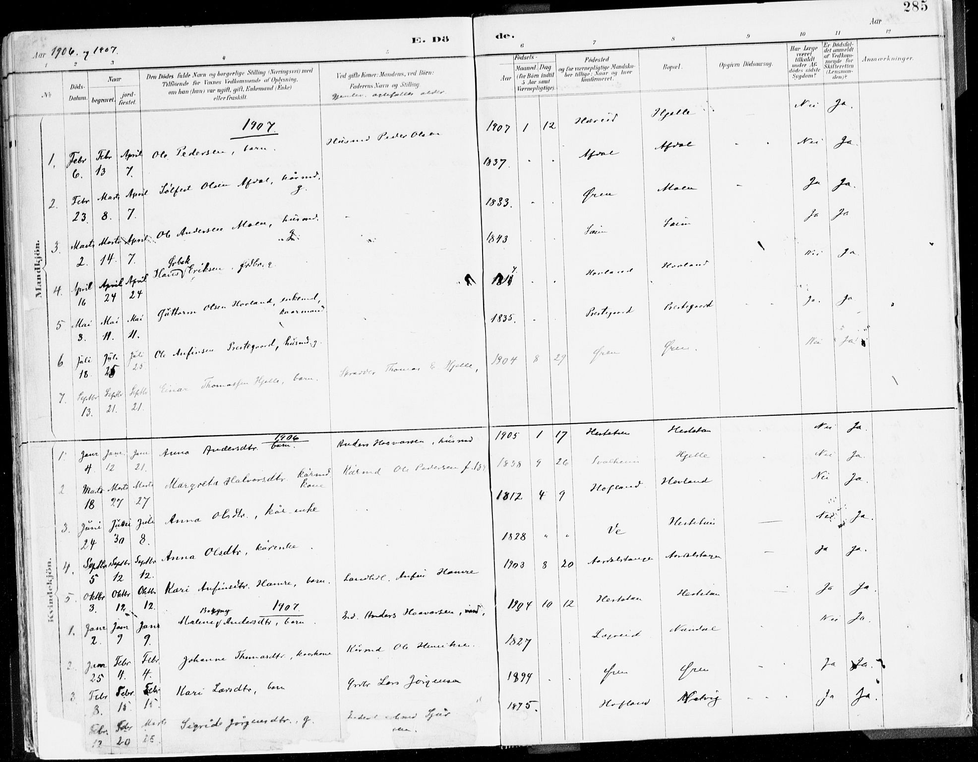 Årdal sokneprestembete, SAB/A-81701: Ministerialbok nr. A 5, 1887-1917, s. 285