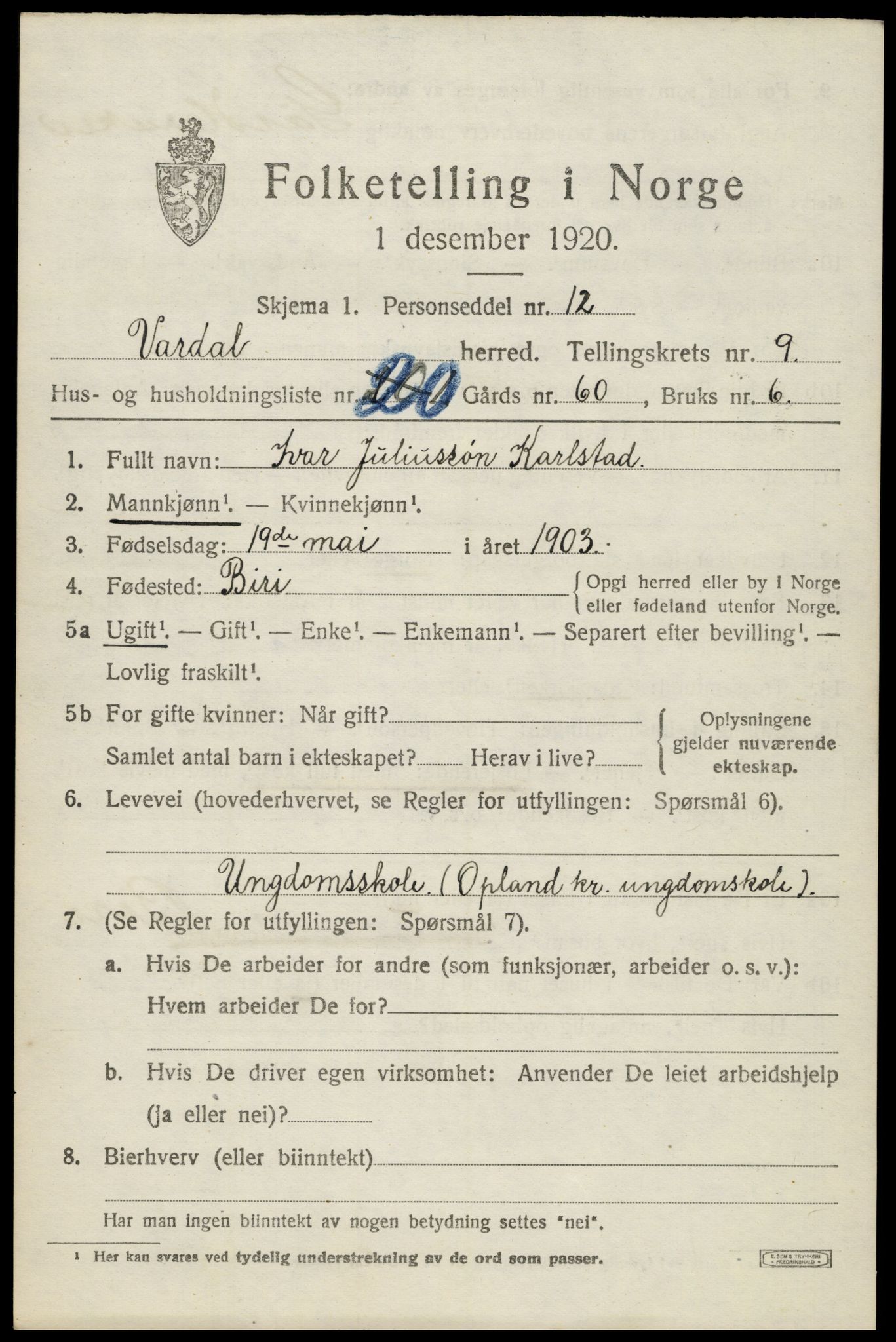 SAH, Folketelling 1920 for 0527 Vardal herred, 1920, s. 6745