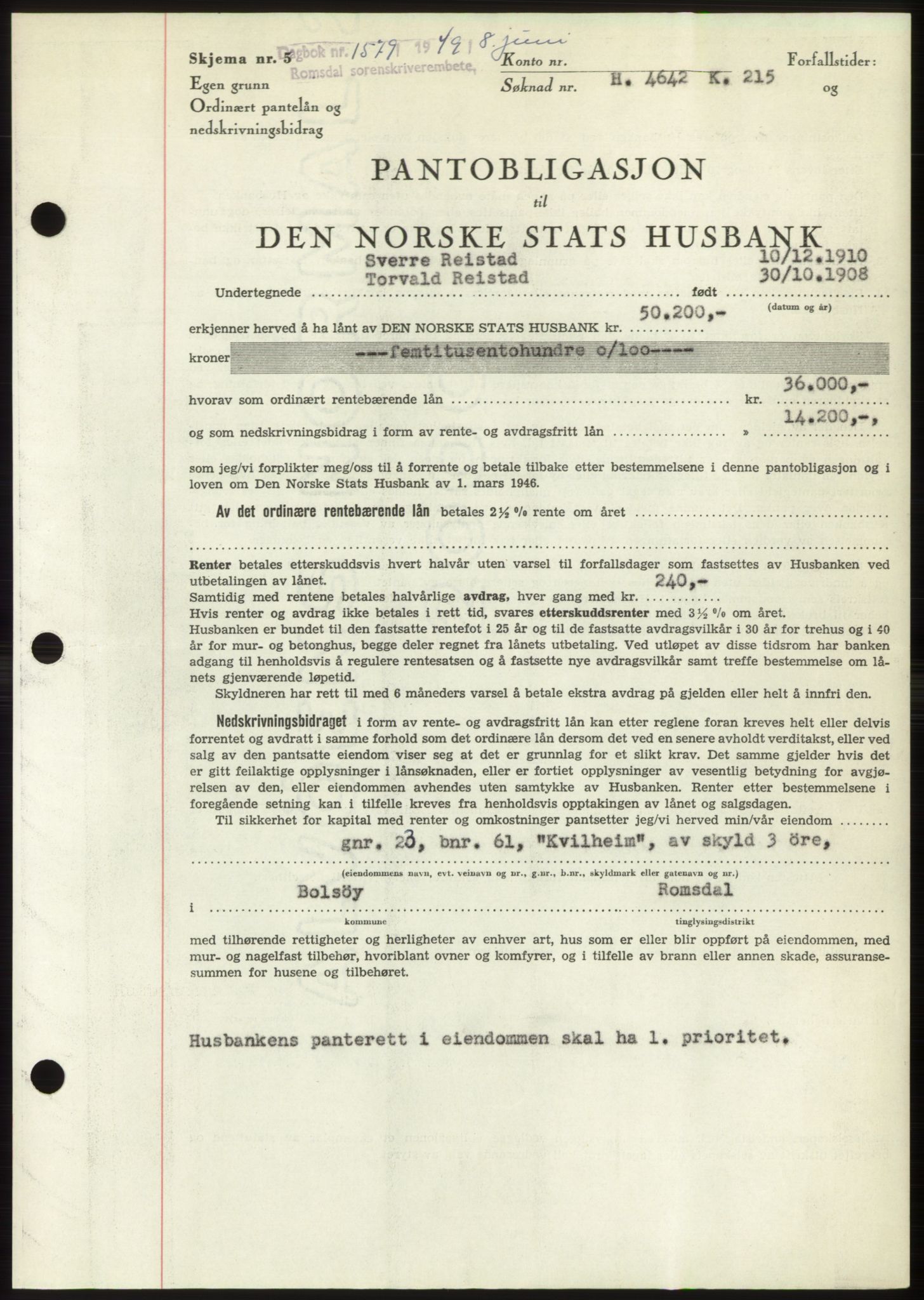 Romsdal sorenskriveri, SAT/A-4149/1/2/2C: Pantebok nr. B4, 1948-1949, Dagboknr: 1579/1949