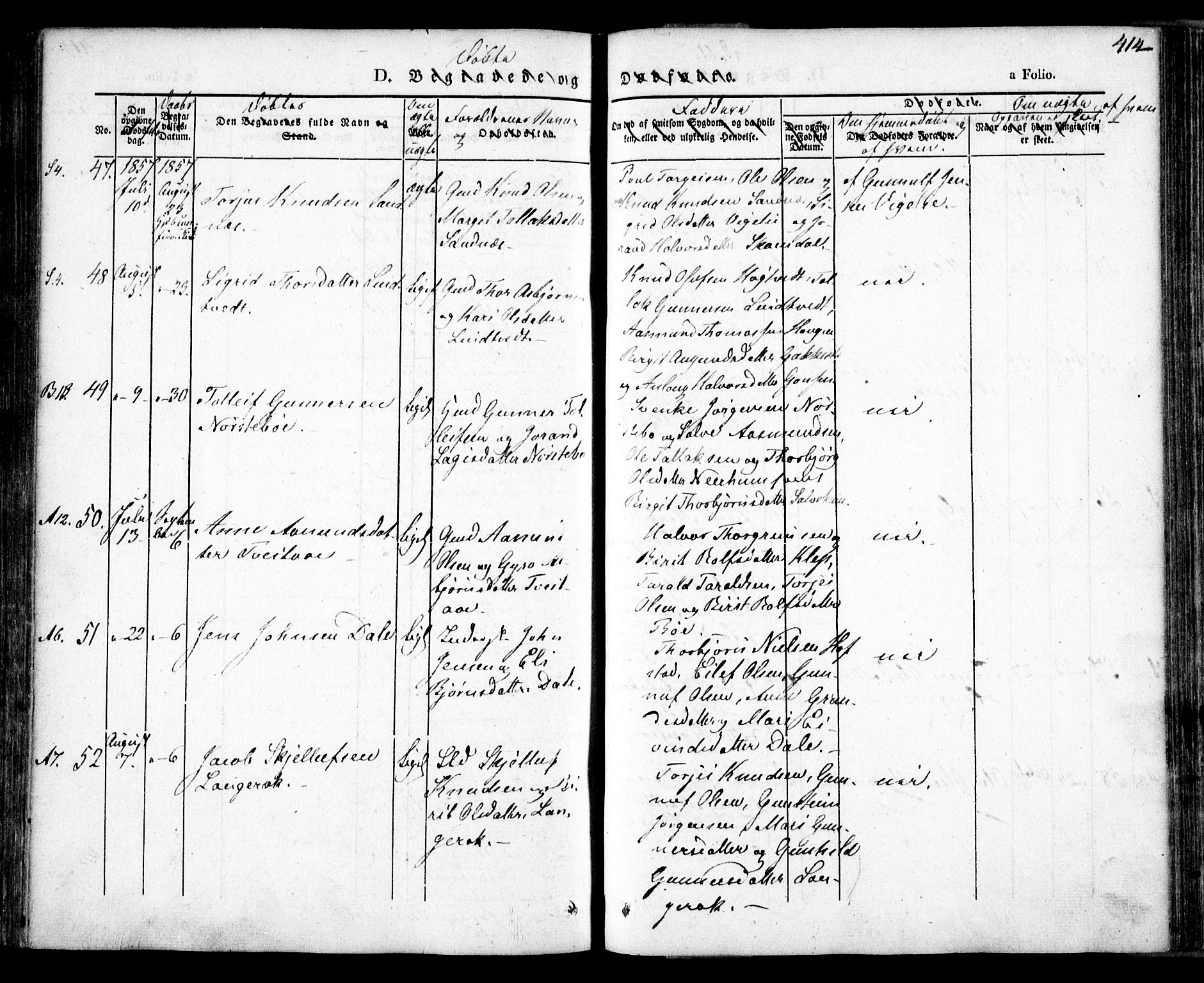 Bygland sokneprestkontor, AV/SAK-1111-0006/F/Fa/Fab/L0004: Ministerialbok nr. A 4, 1842-1858, s. 414