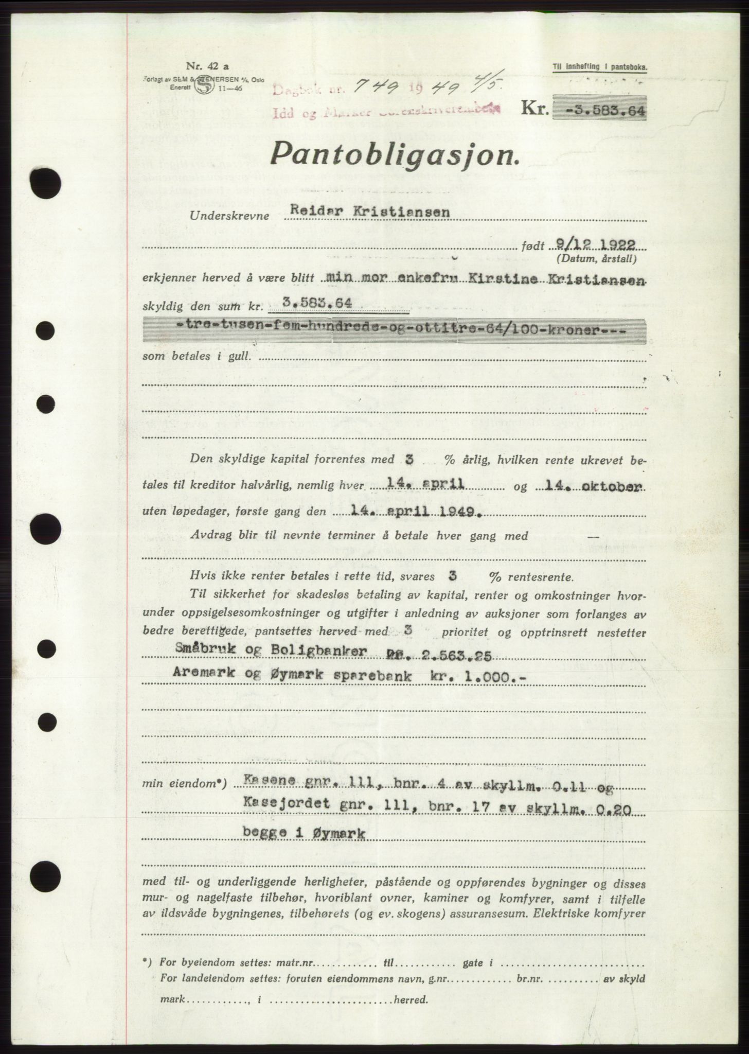 Idd og Marker sorenskriveri, AV/SAO-A-10283/G/Gb/Gbc/L0004: Pantebok nr. B10-15, 1946-1950, Dagboknr: 749/1949