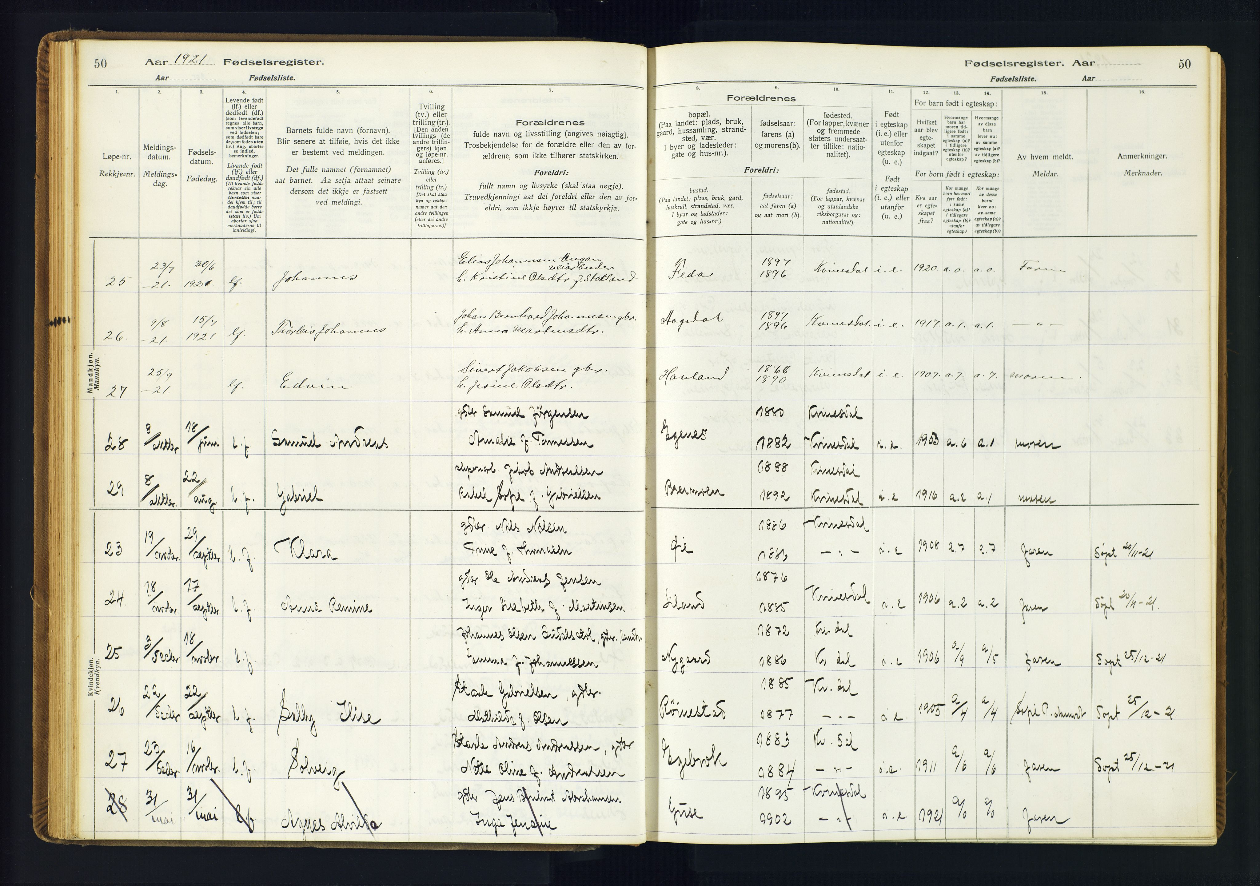 Kvinesdal sokneprestkontor, AV/SAK-1111-0026/J/Ja/L0001: Fødselsregister nr. 1, 1916-1941, s. 50