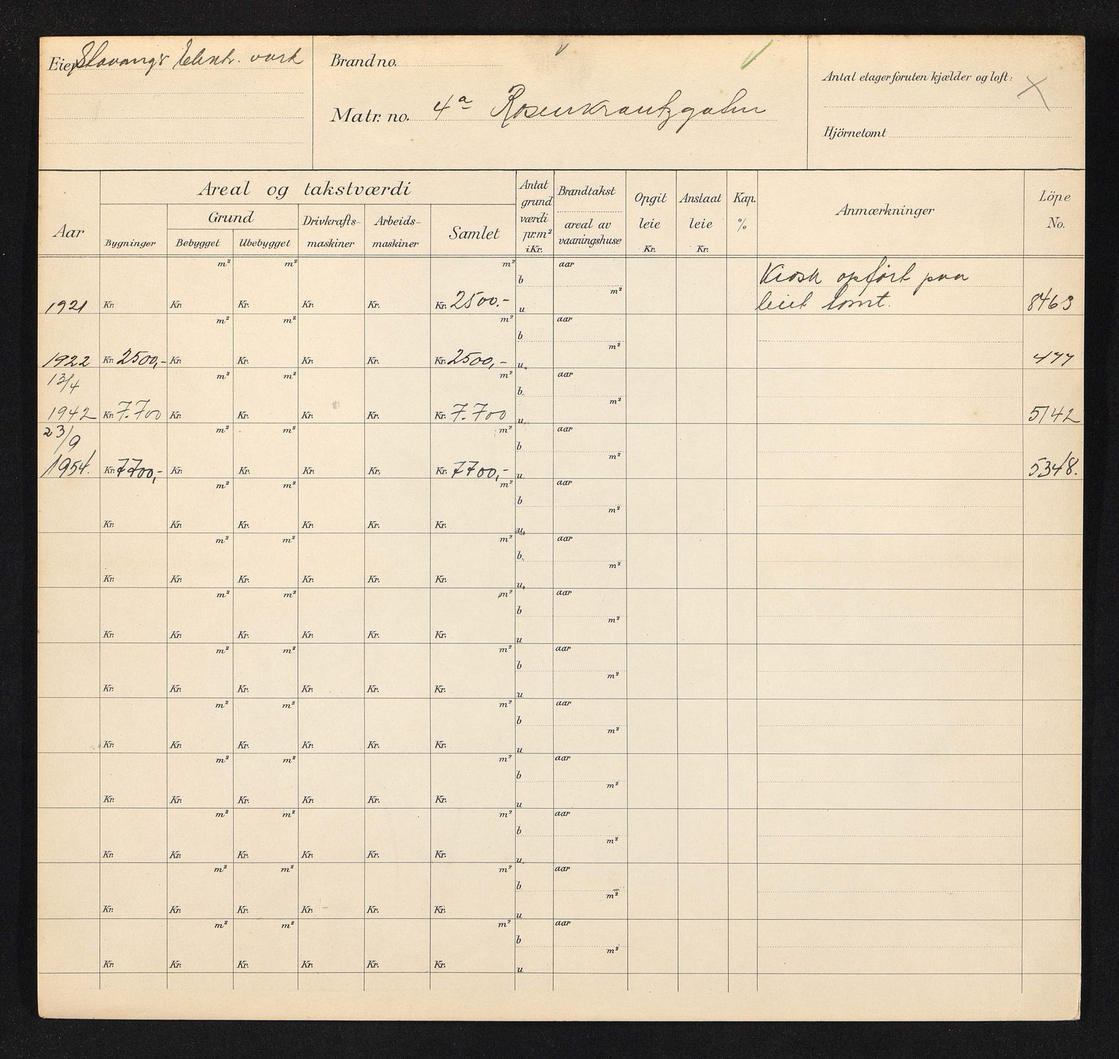 Stavanger kommune. Skattetakstvesenet, BYST/A-0440/F/Fa/Faa/L0037/0007: Skattetakstkort / Rosenkrantzgata 3 - 52