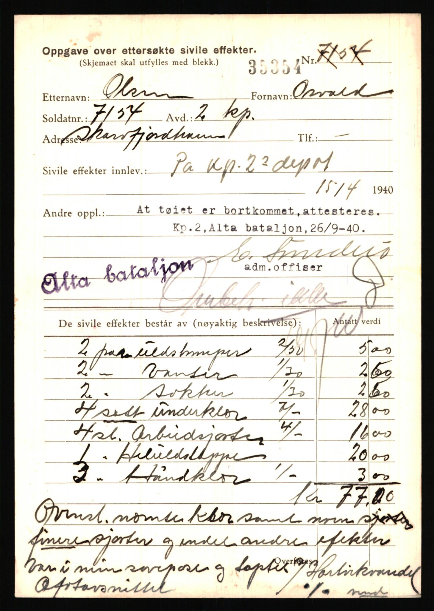 Justisdepartementet, Oppgjørsavdelingen, AV/RA-S-1056/G/Gb/L0065: Oppgaver over ettersøkte sivile effekter: Olsen, Osvald - Opåsen, 1940-1942