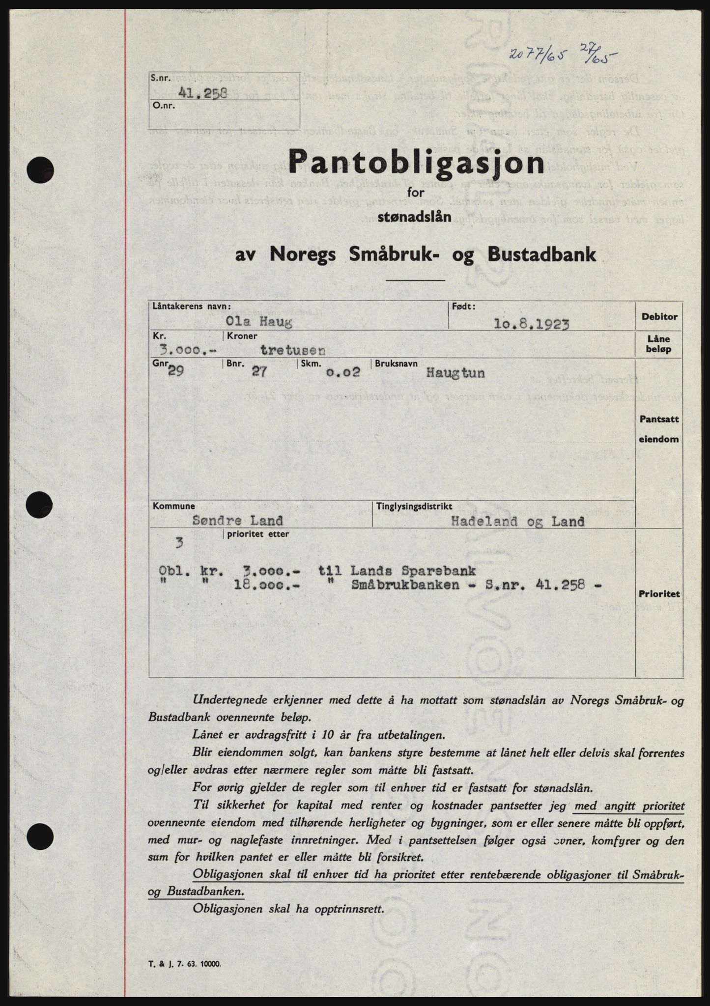 Hadeland og Land tingrett, SAH/TING-010/H/Hb/Hbc/L0058: Pantebok nr. B58, 1965-1965, Dagboknr: 2077/1965