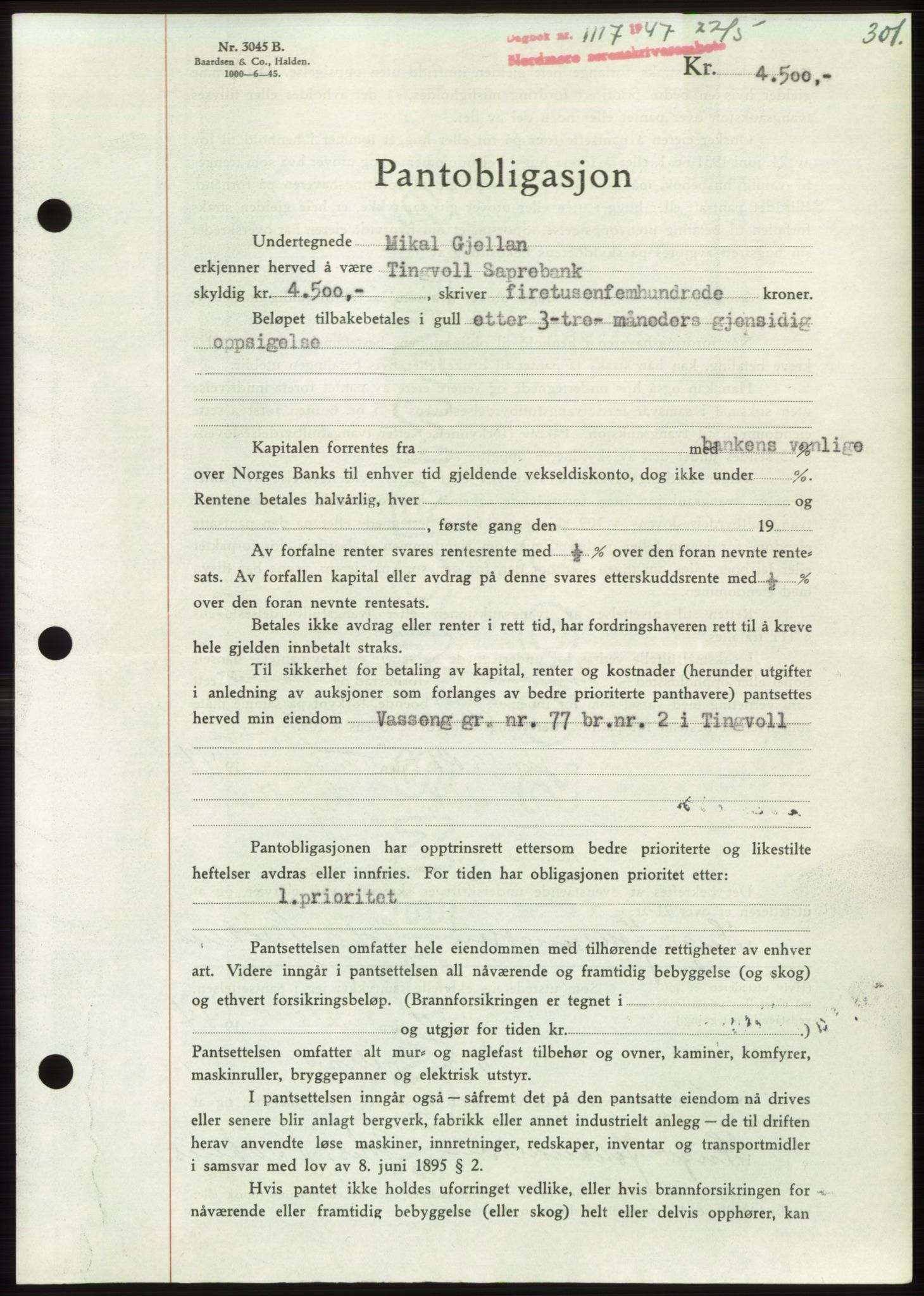 Nordmøre sorenskriveri, AV/SAT-A-4132/1/2/2Ca: Pantebok nr. B96, 1947-1947, Dagboknr: 1117/1947